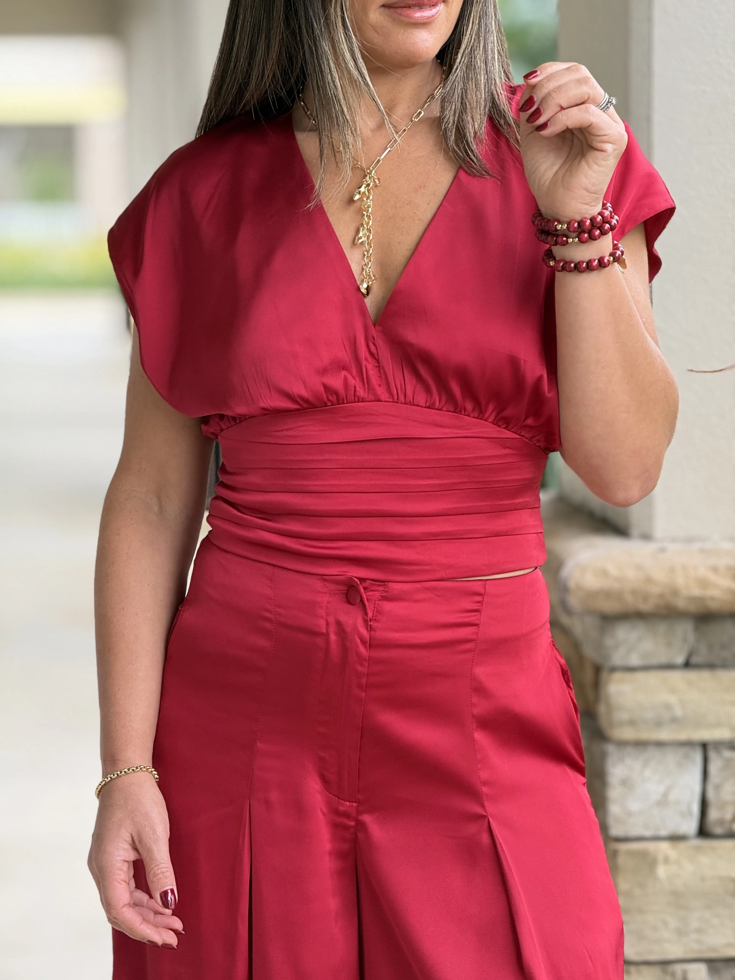 "Kassandra" V Neck Dolman Sleeve Top And High Waisted Long Pants Set