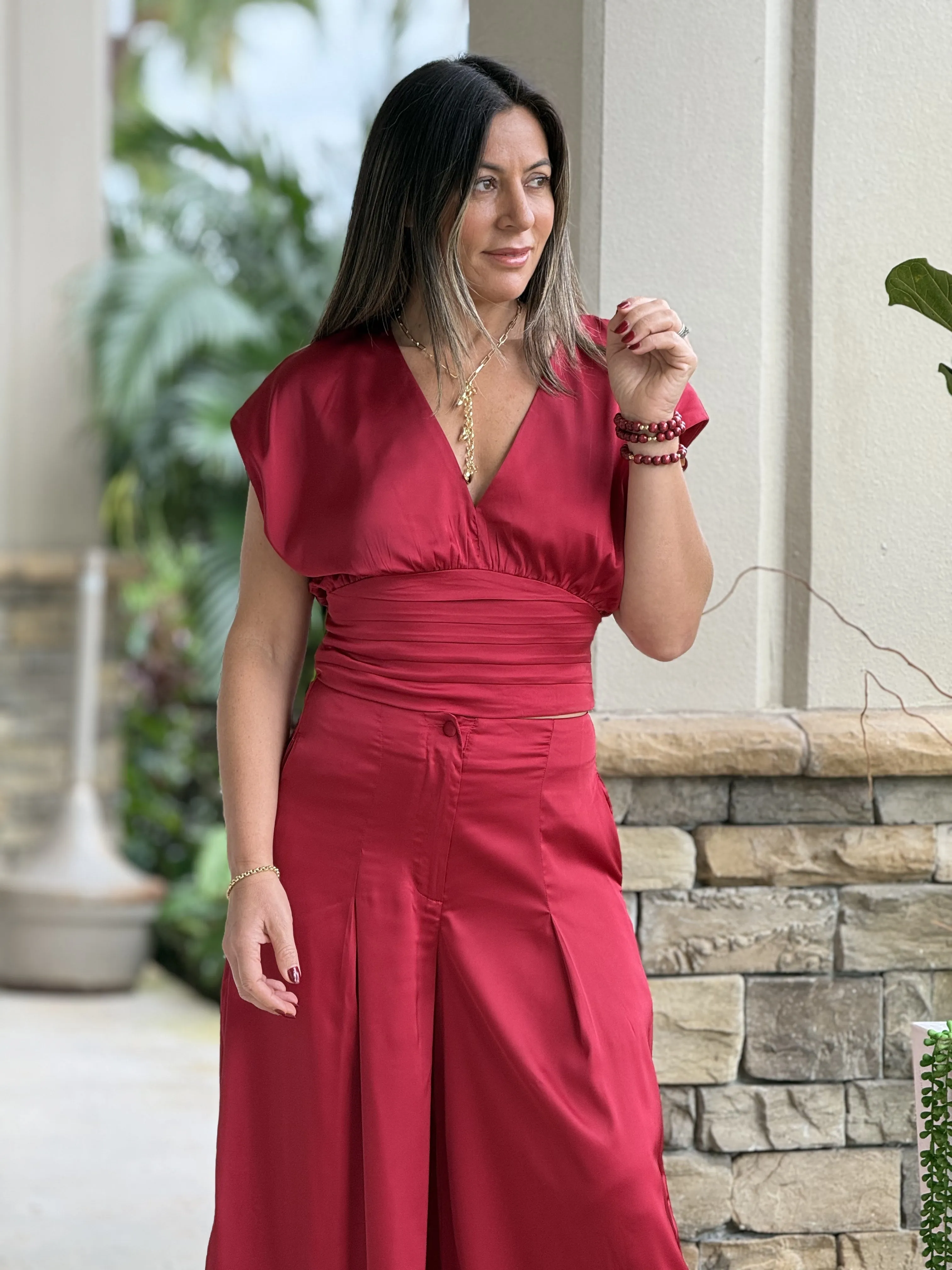 "Kassandra" V Neck Dolman Sleeve Top And High Waisted Long Pants Set