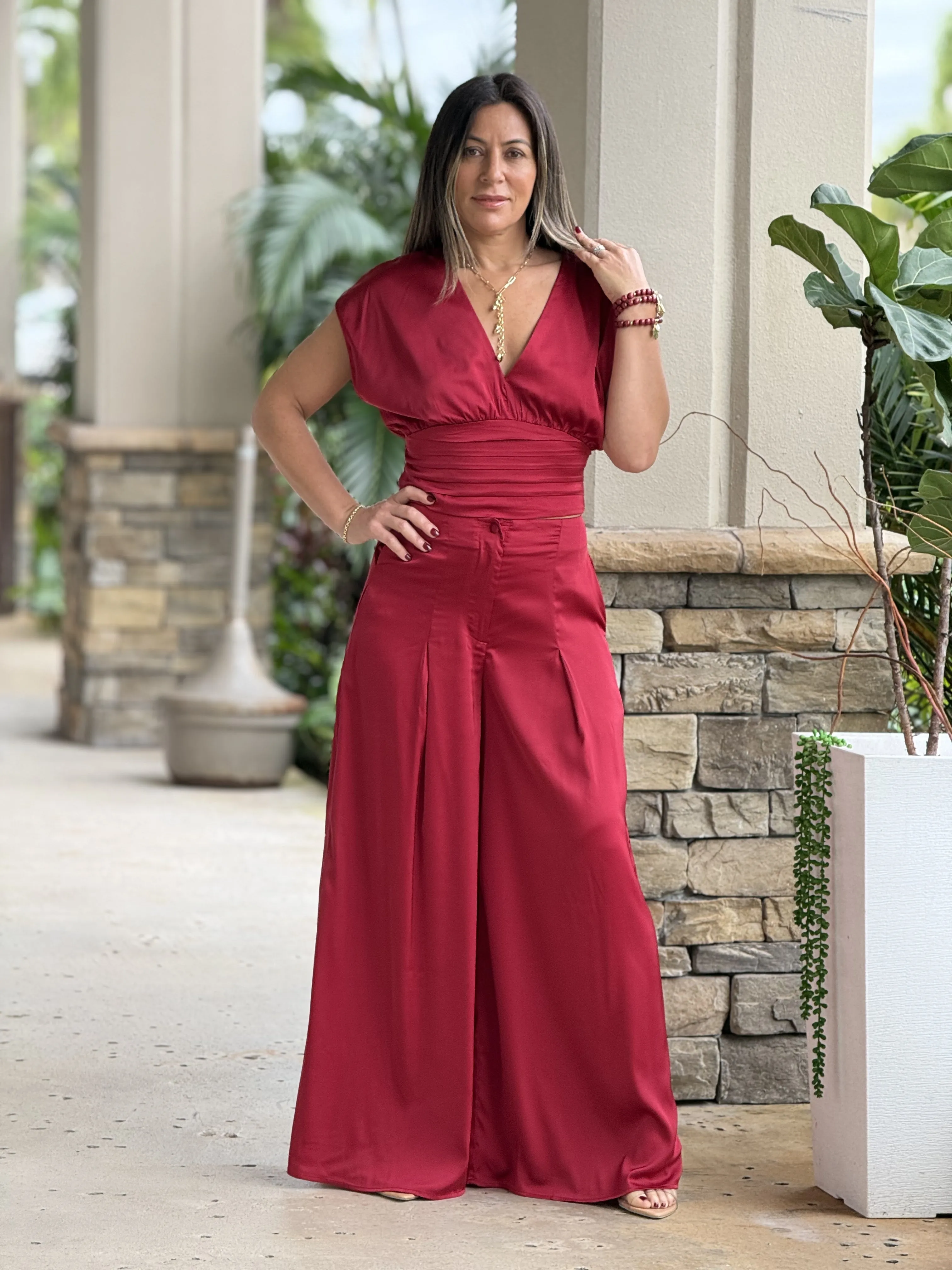 "Kassandra" V Neck Dolman Sleeve Top And High Waisted Long Pants Set