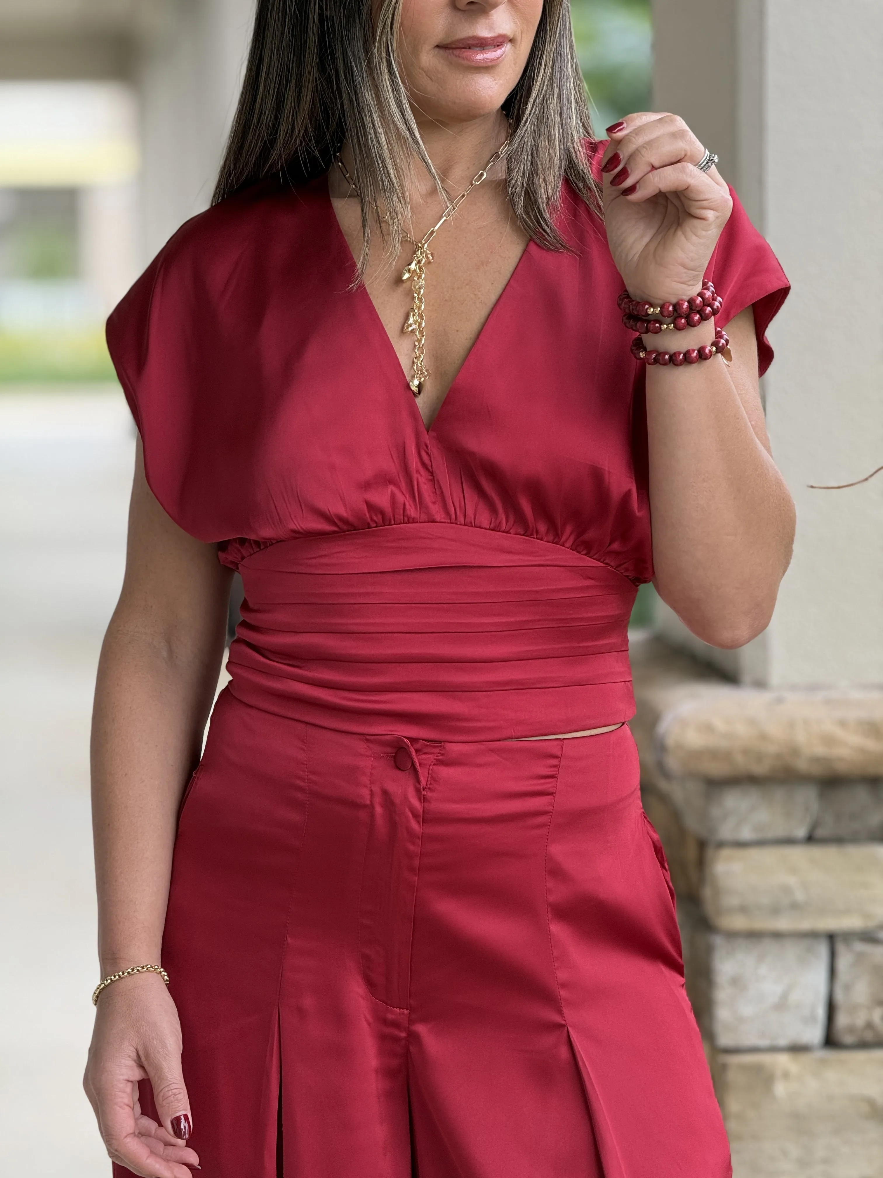"Kassandra" V Neck Dolman Sleeve Top And High Waisted Long Pants Set