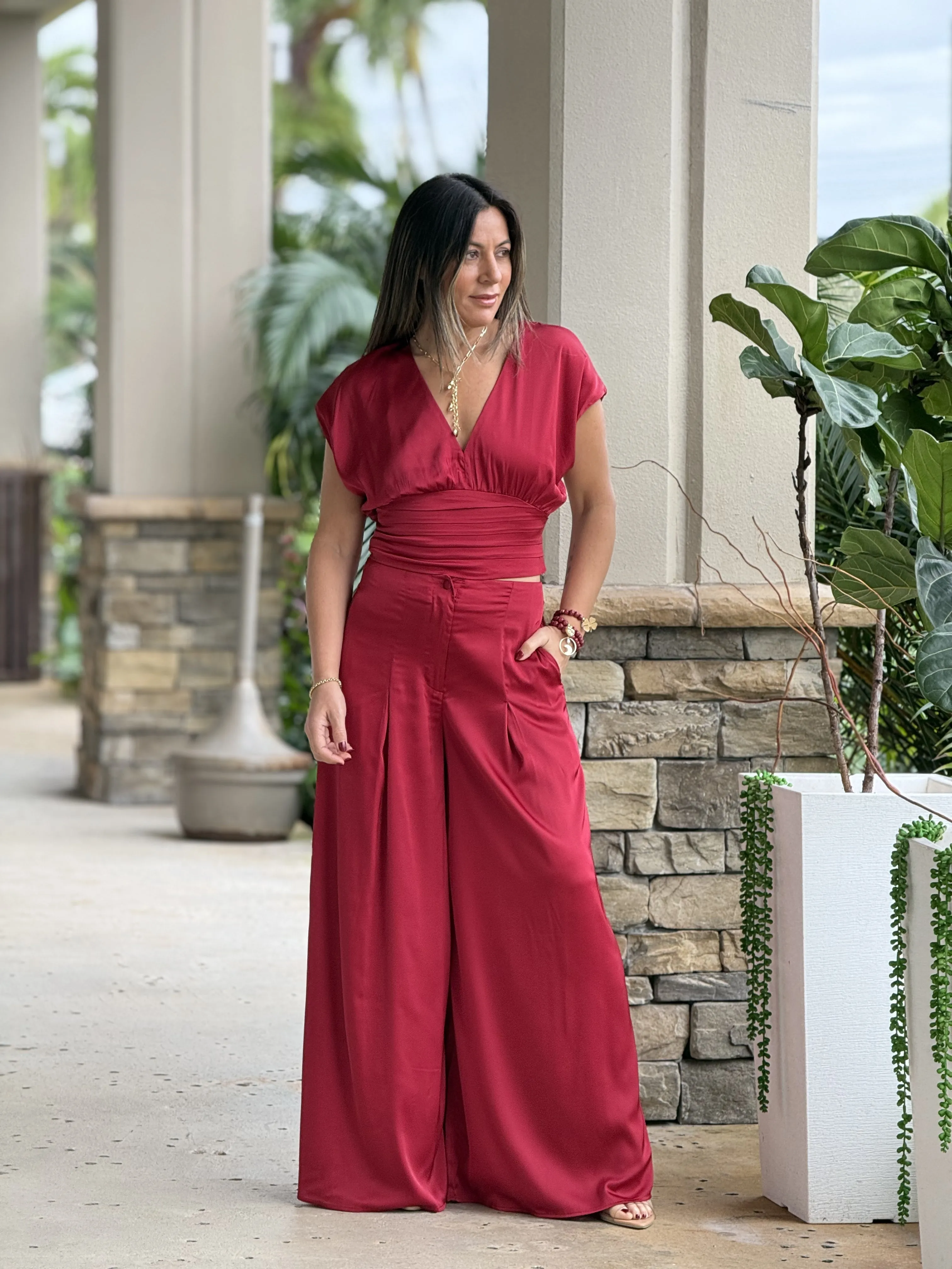 "Kassandra" V Neck Dolman Sleeve Top And High Waisted Long Pants Set
