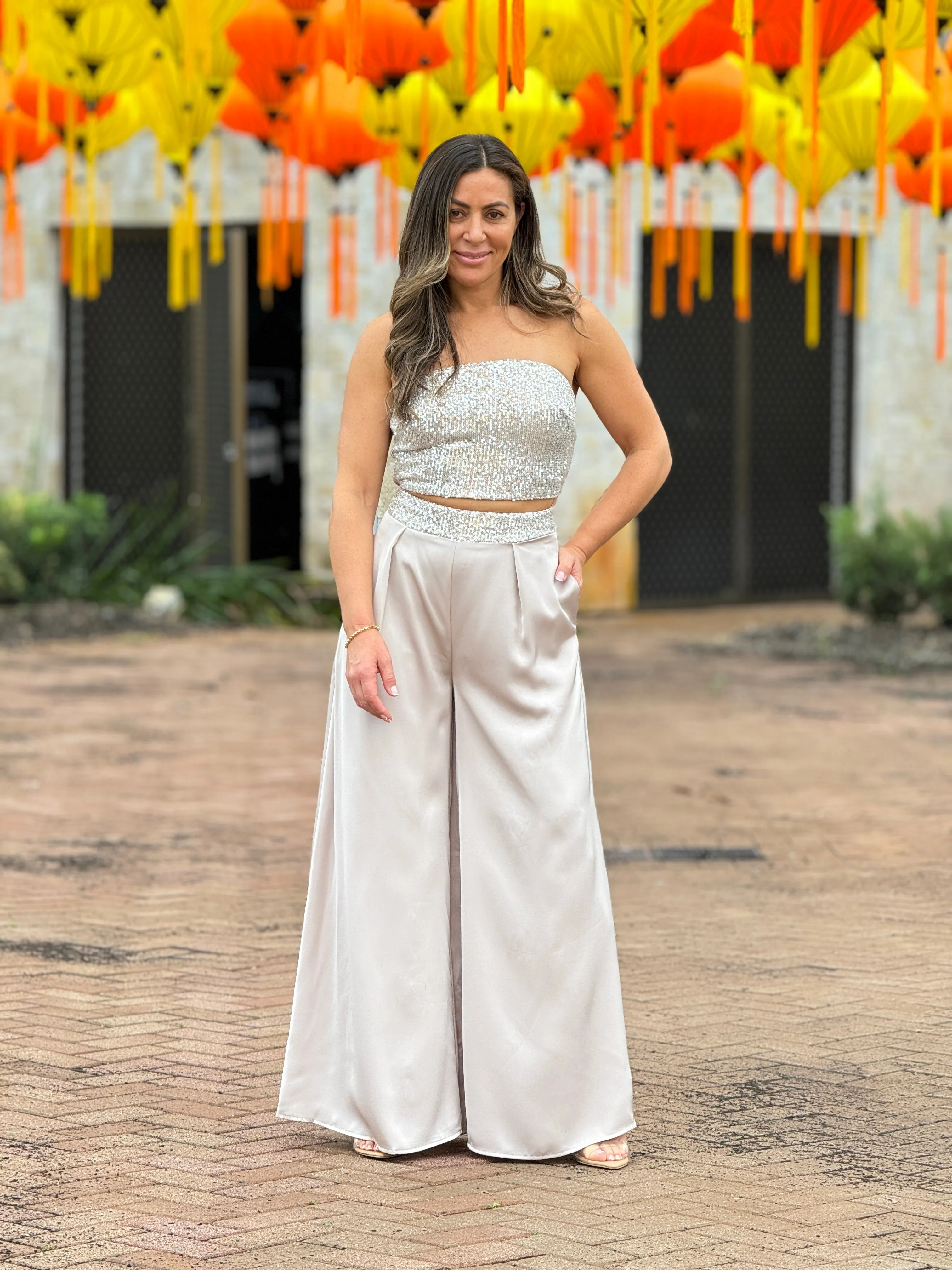 "Krystal" Satin Sequins Details Tube Top And Pants Set