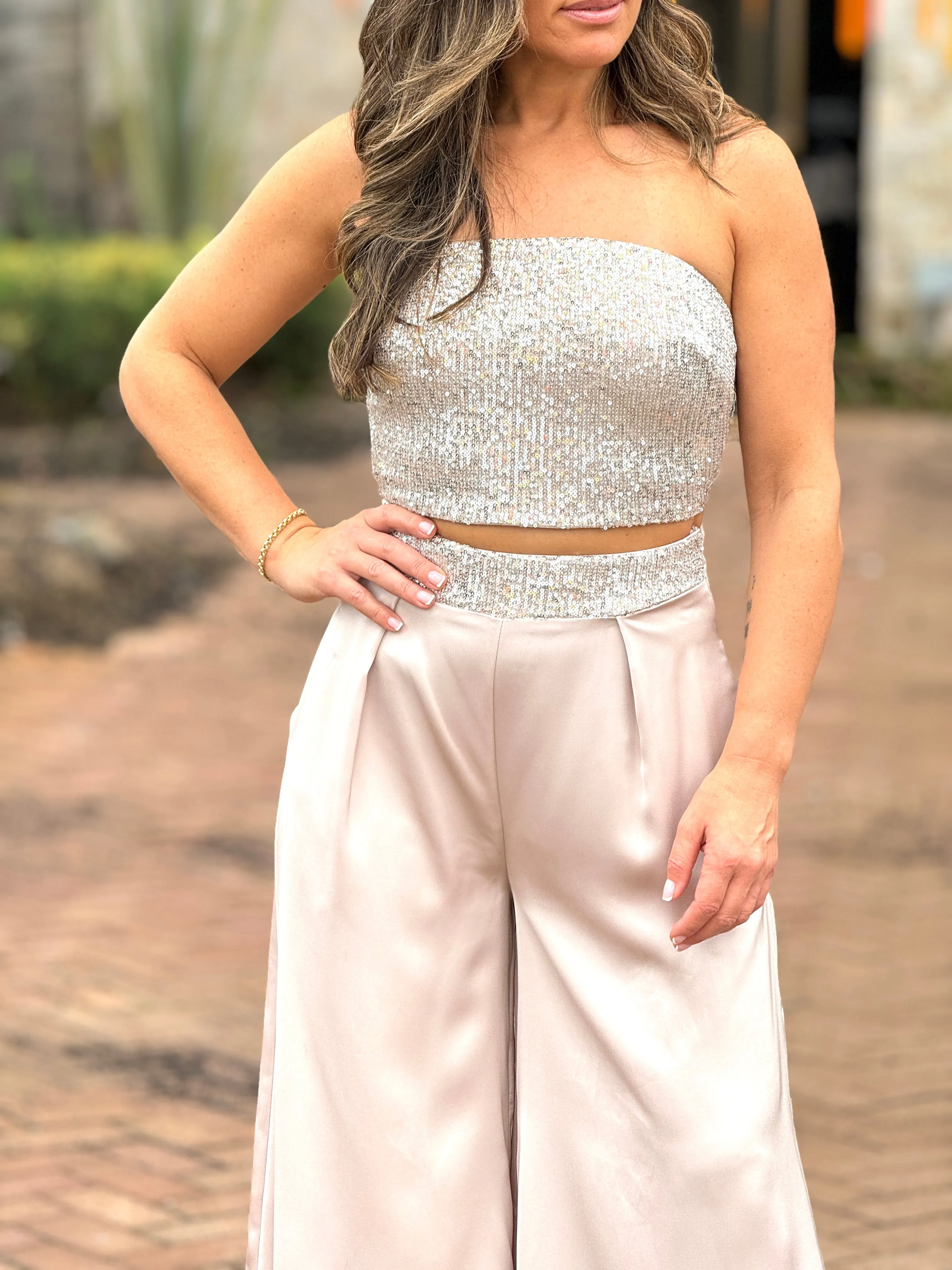 "Krystal" Satin Sequins Details Tube Top And Pants Set
