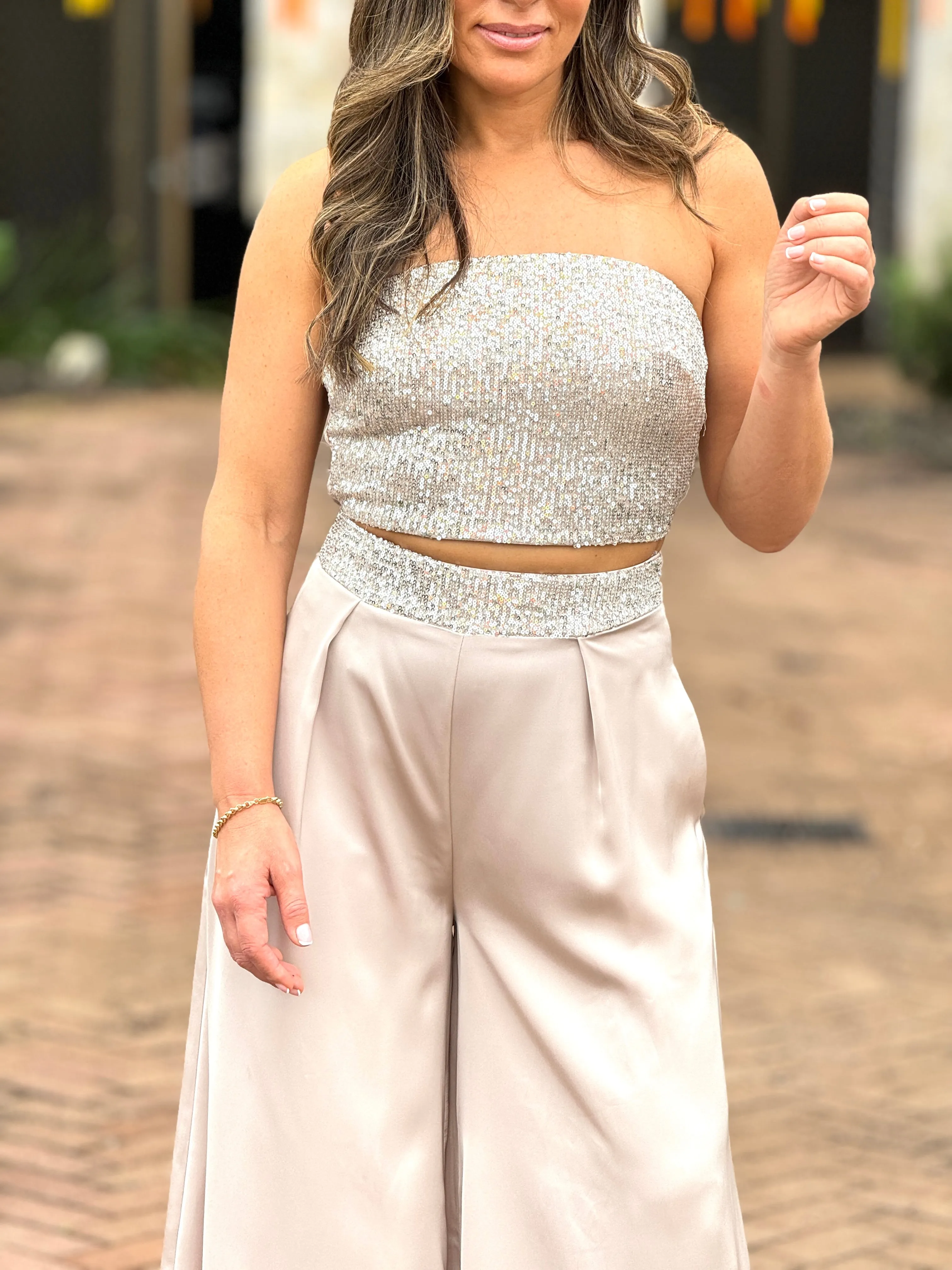 "Krystal" Satin Sequins Details Tube Top And Pants Set