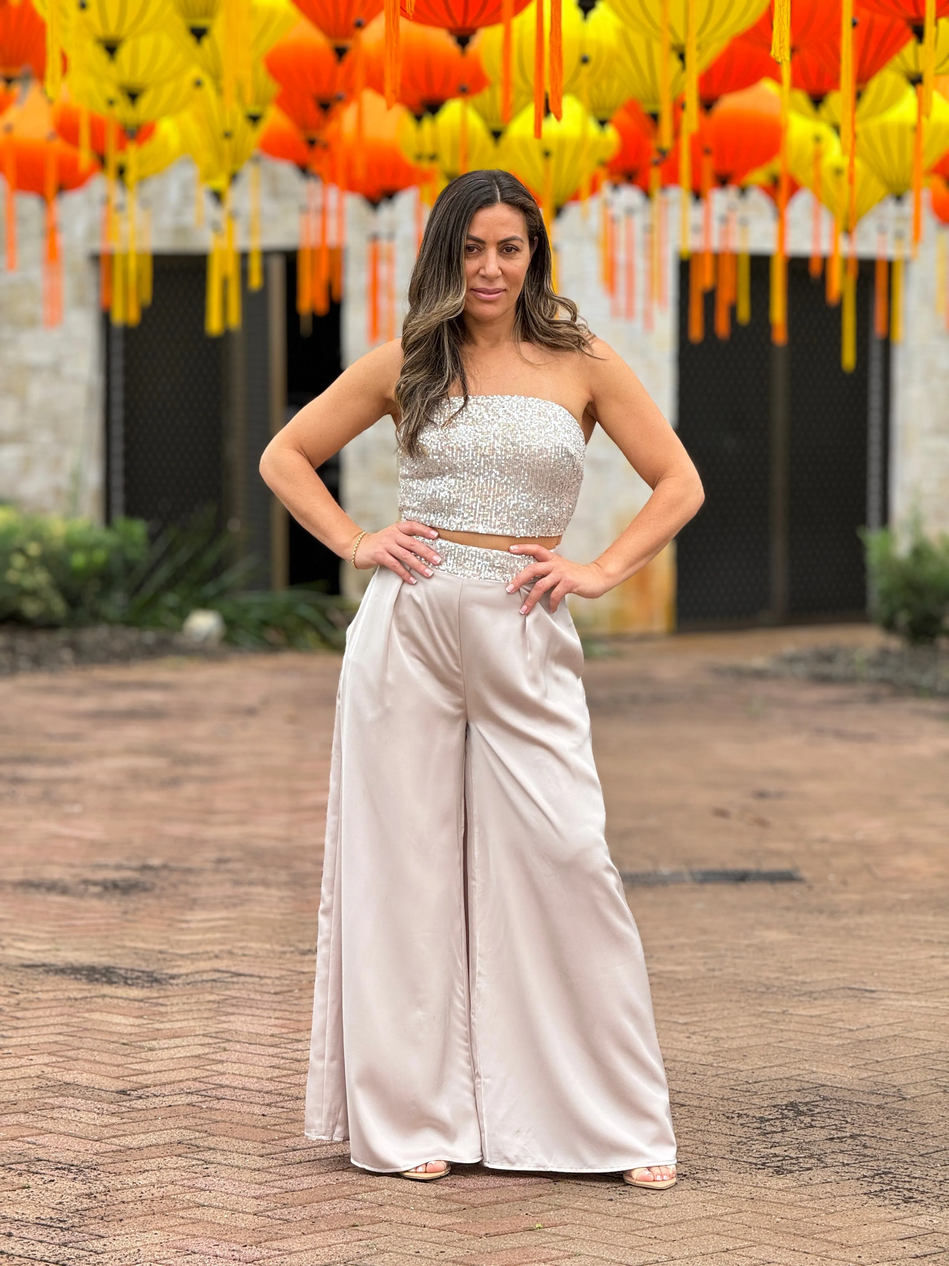 "Krystal" Satin Sequins Details Tube Top And Pants Set