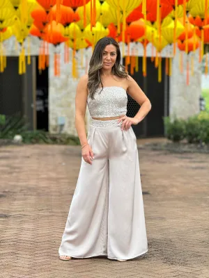 "Krystal" Satin Sequins Details Tube Top And Pants Set