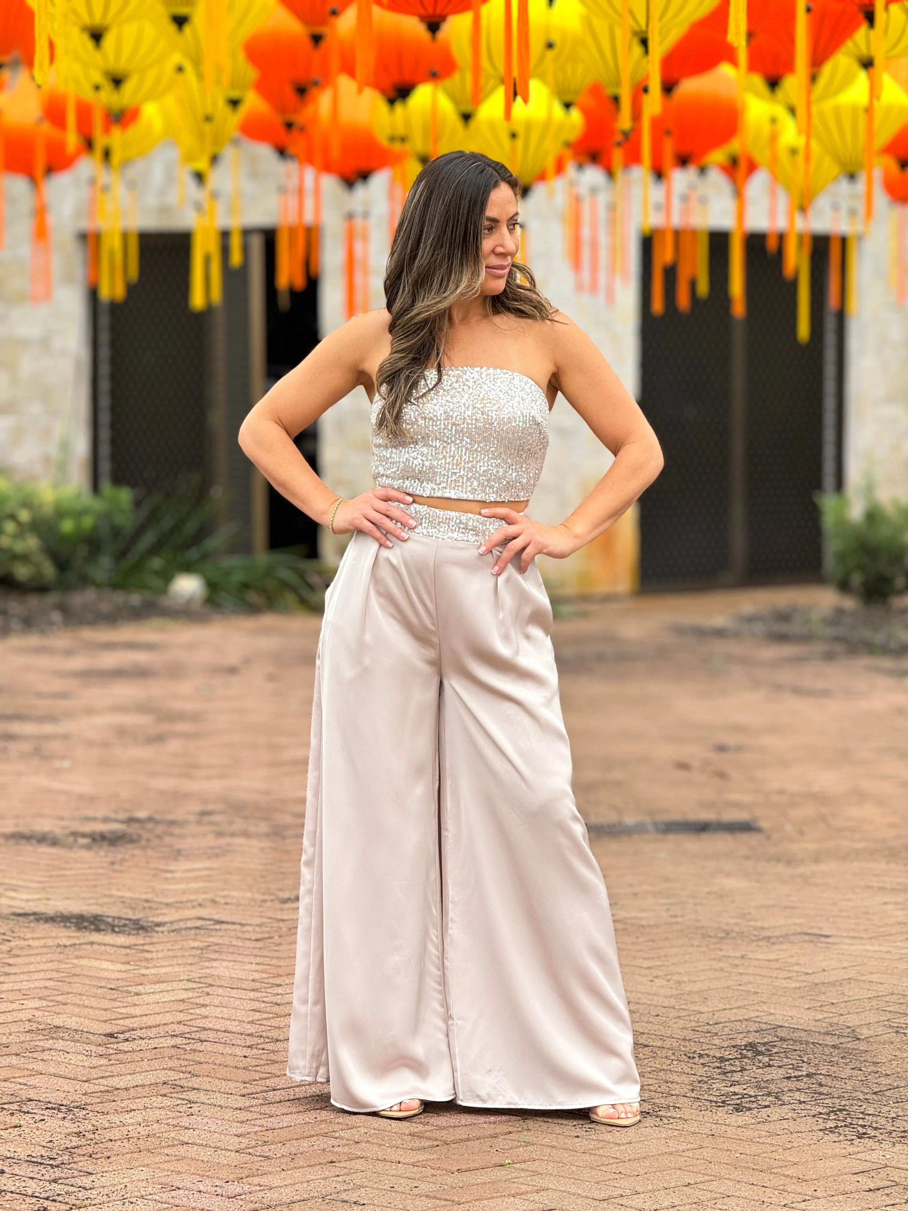 "Krystal" Satin Sequins Details Tube Top And Pants Set