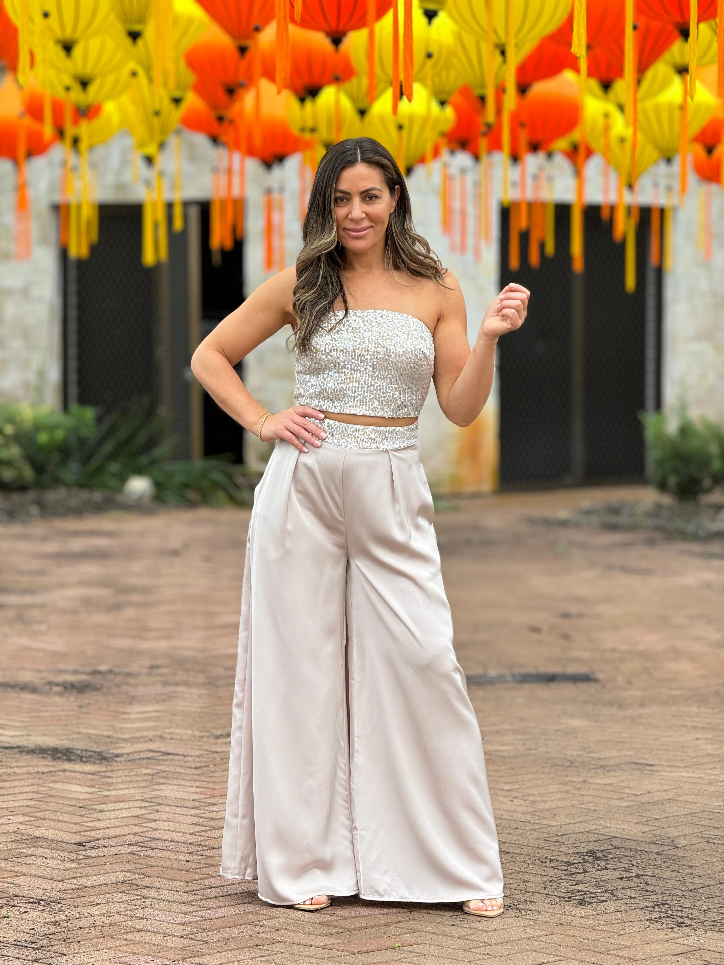 "Krystal" Satin Sequins Details Tube Top And Pants Set