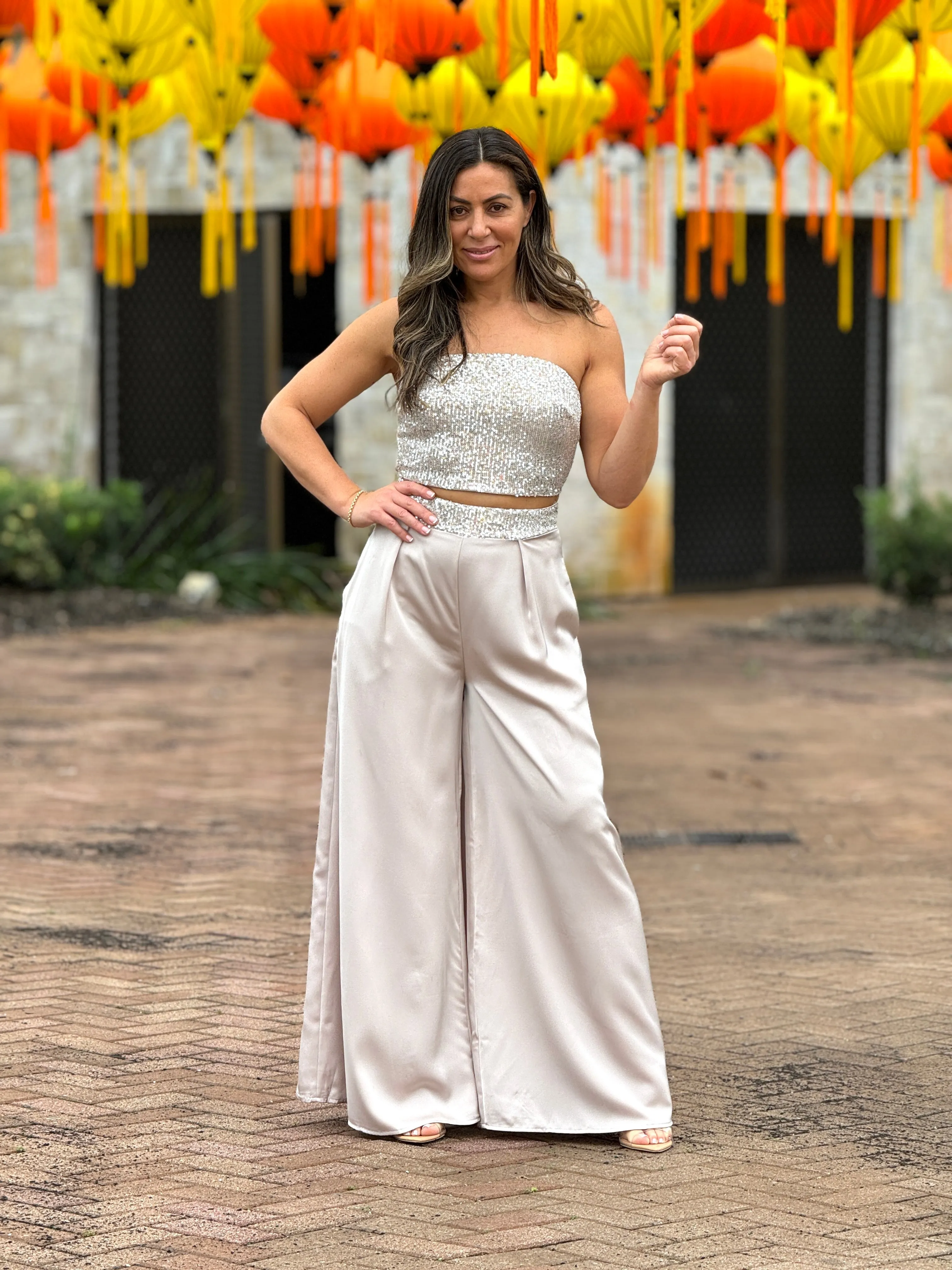"Krystal" Satin Sequins Details Tube Top And Pants Set