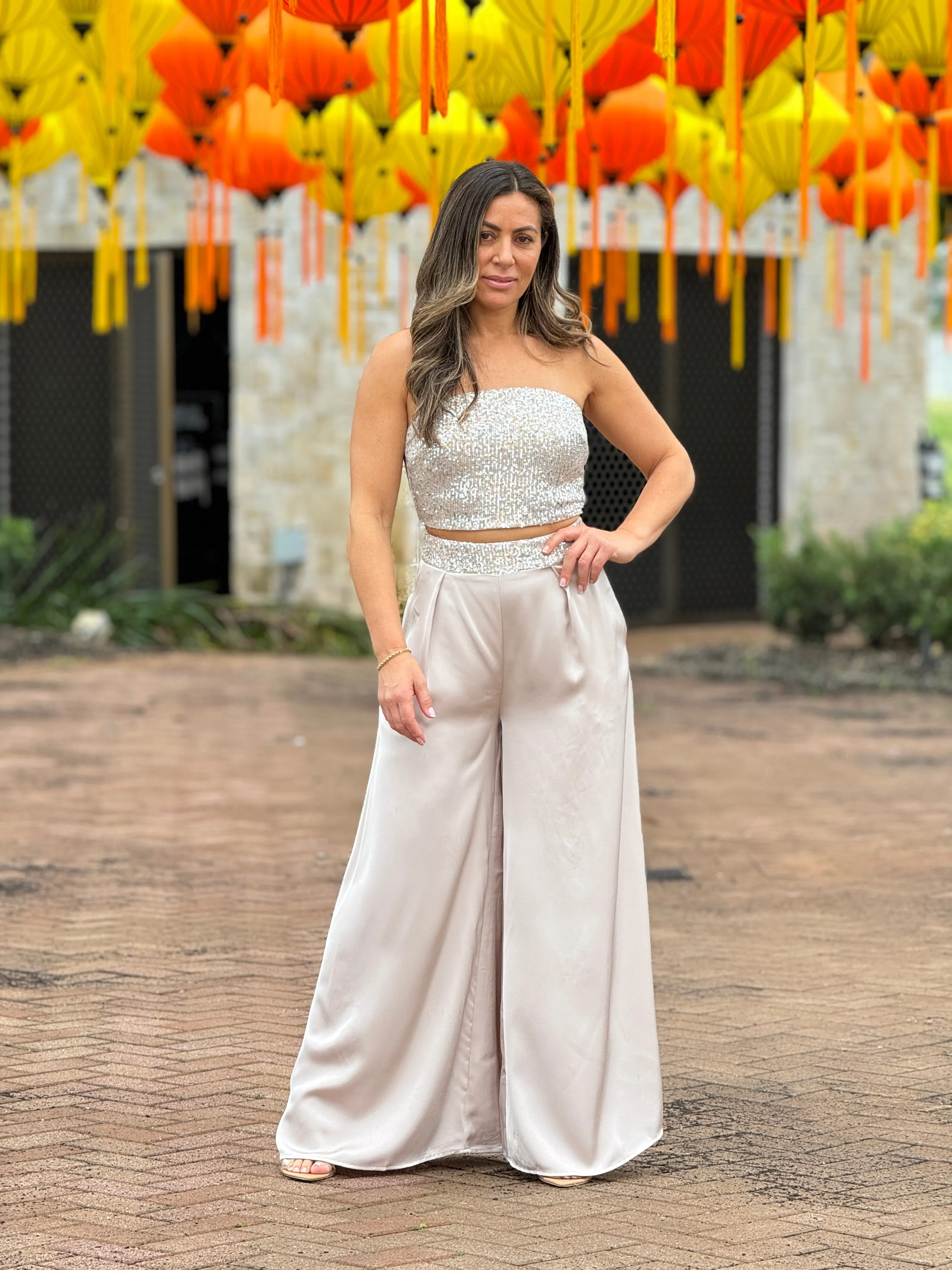 "Krystal" Satin Sequins Details Tube Top And Pants Set