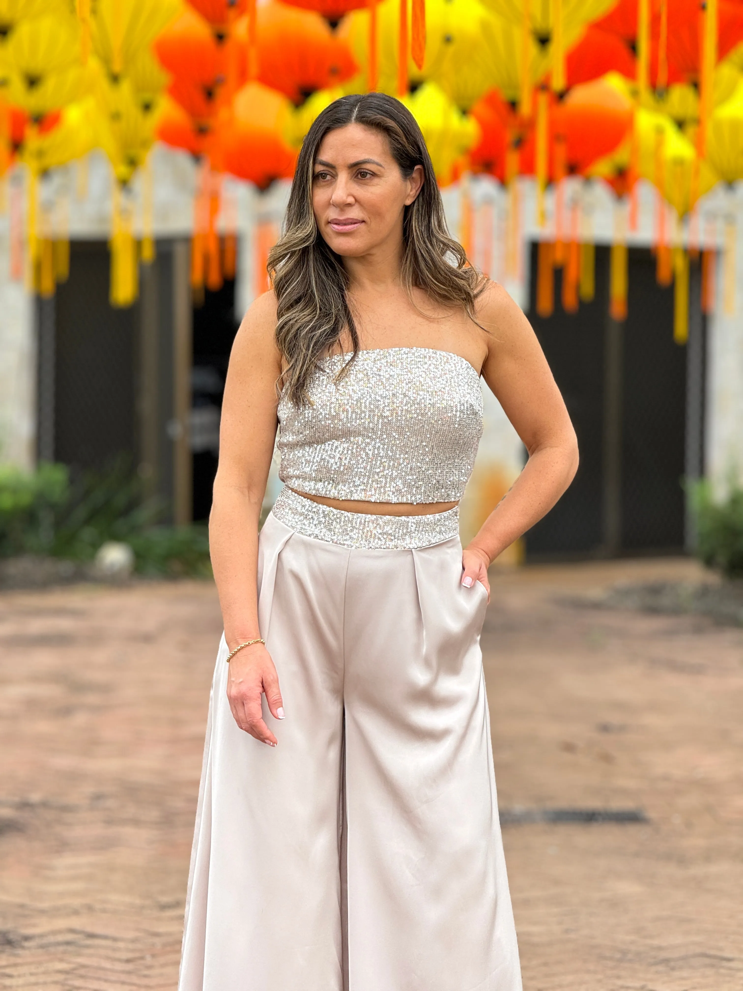 "Krystal" Satin Sequins Details Tube Top And Pants Set