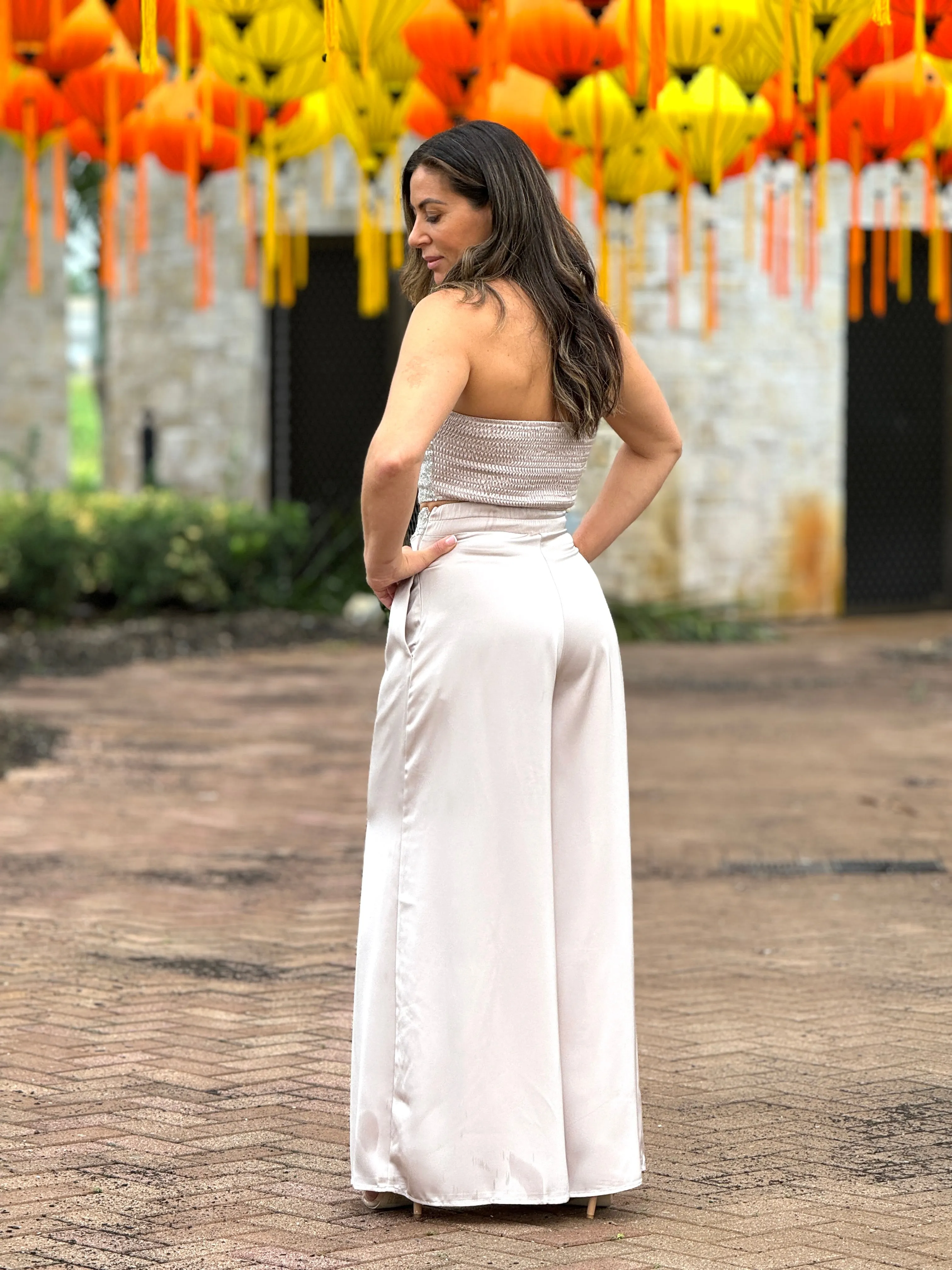 "Krystal" Satin Sequins Details Tube Top And Pants Set