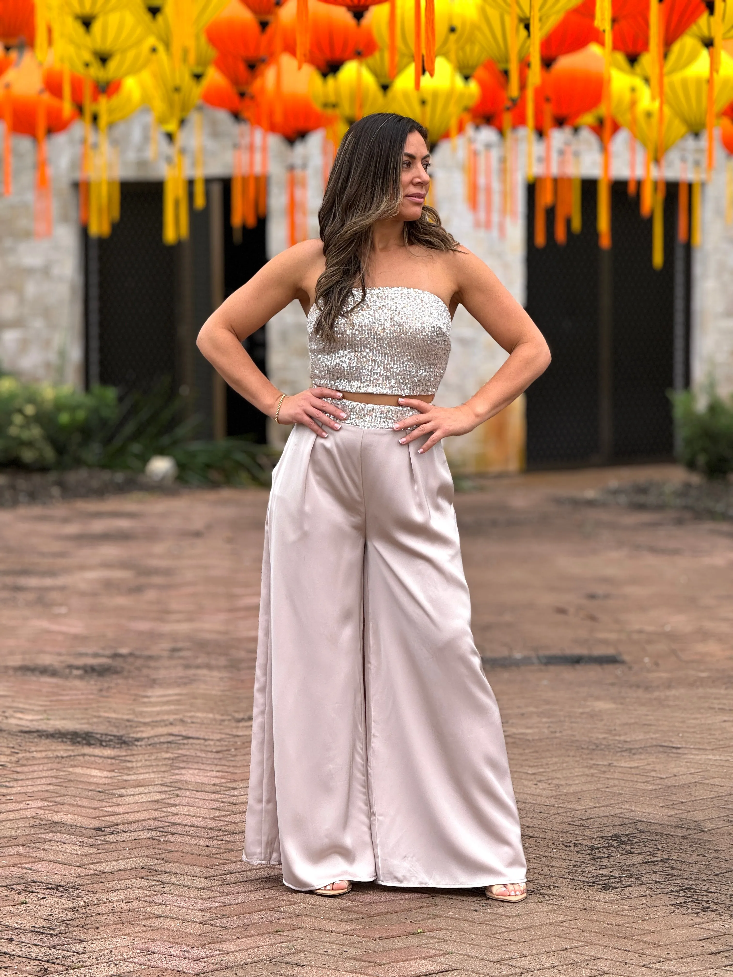 "Krystal" Satin Sequins Details Tube Top And Pants Set