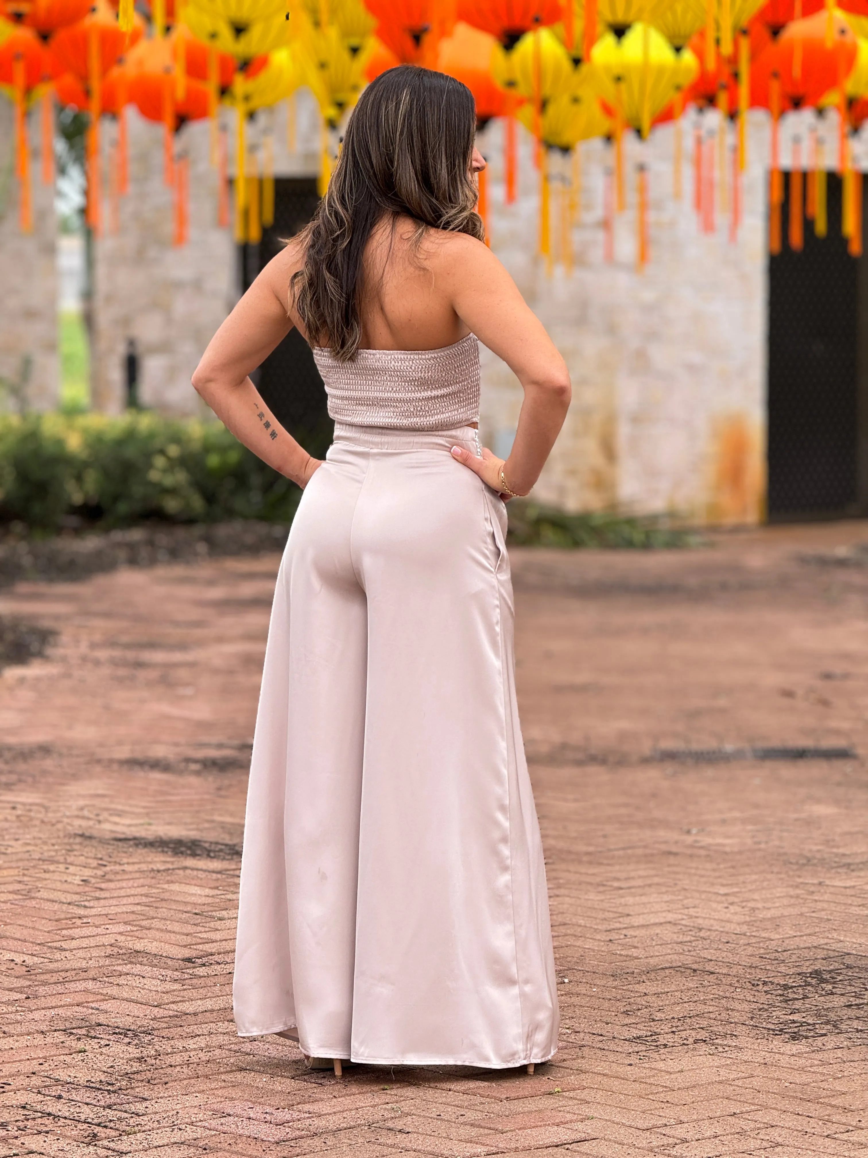 "Krystal" Satin Sequins Details Tube Top And Pants Set