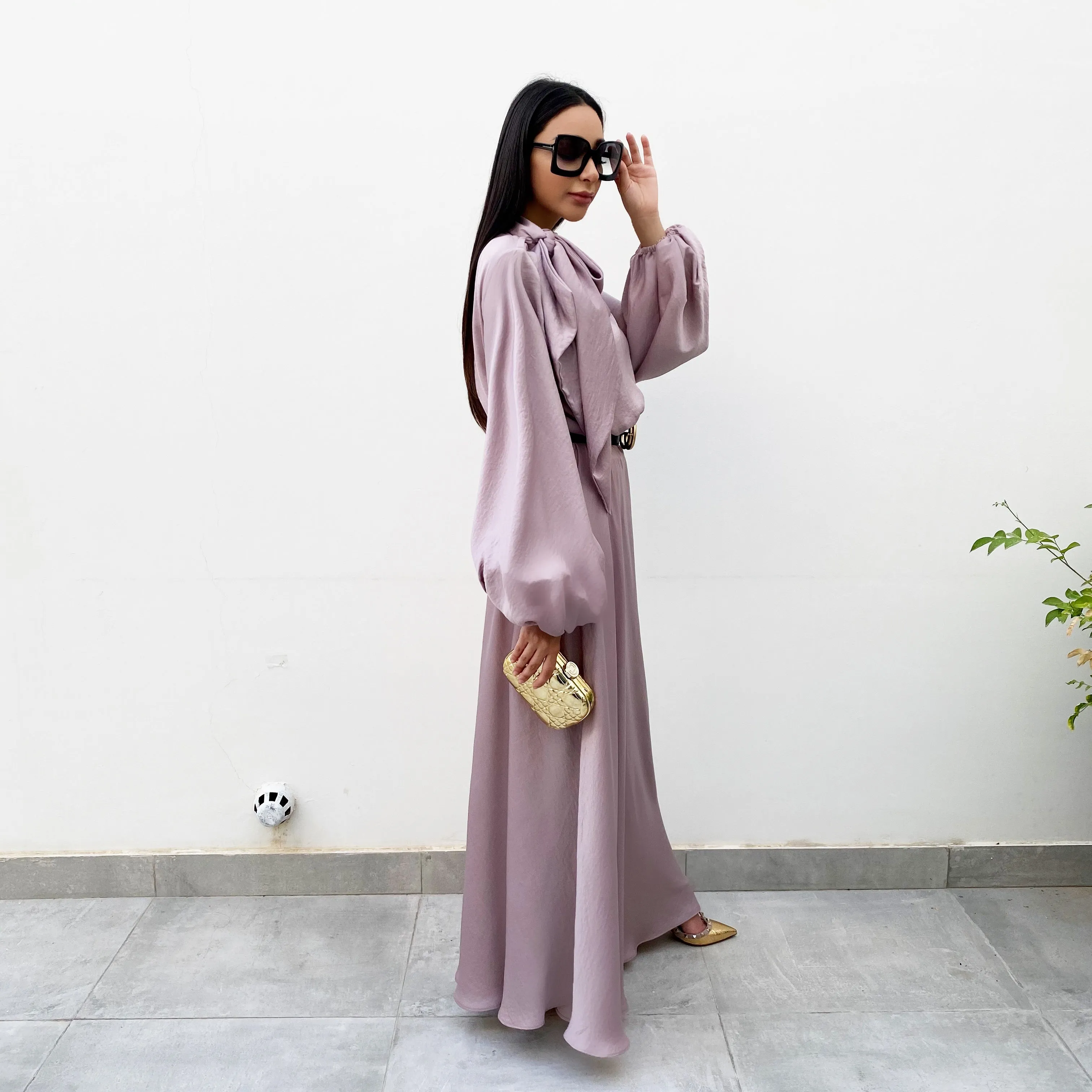RAM20 MAUVE BALLOON SLEEVE BELTED MAXI DRESS