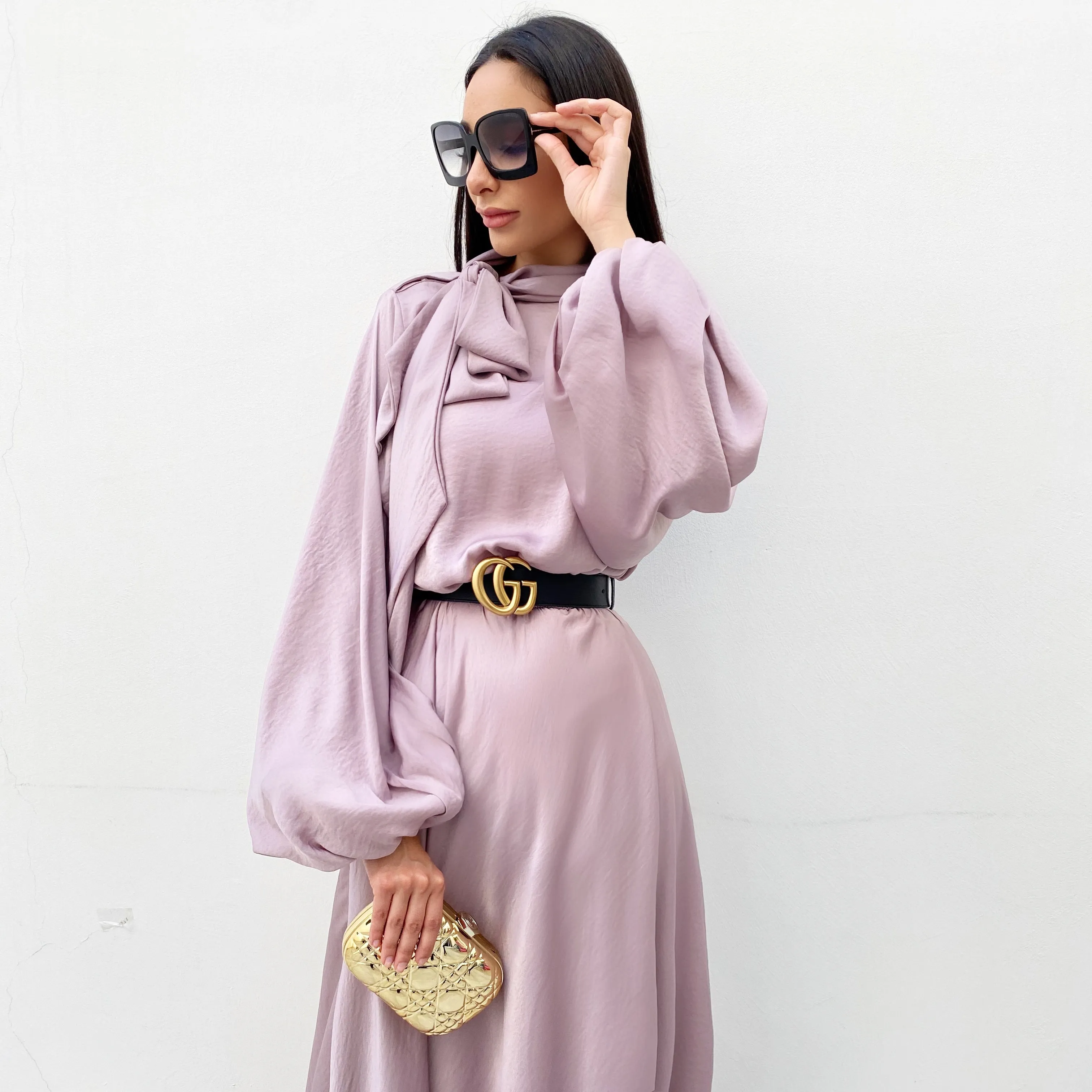 RAM20 MAUVE BALLOON SLEEVE BELTED MAXI DRESS