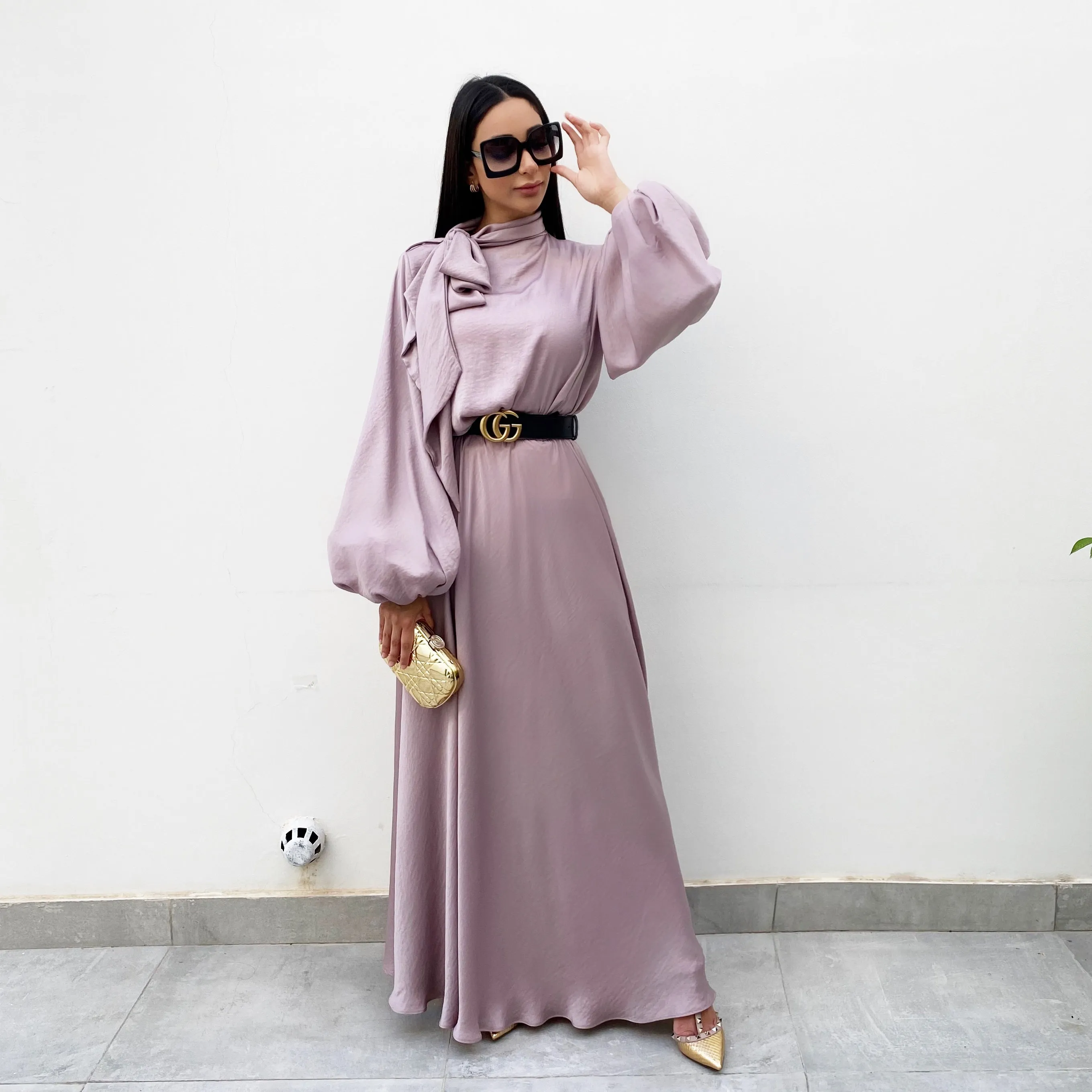 RAM20 MAUVE BALLOON SLEEVE BELTED MAXI DRESS