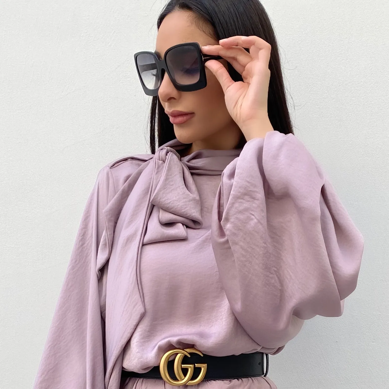 RAM20 MAUVE BALLOON SLEEVE BELTED MAXI DRESS