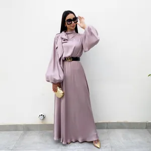 RAM20 MAUVE BALLOON SLEEVE BELTED MAXI DRESS