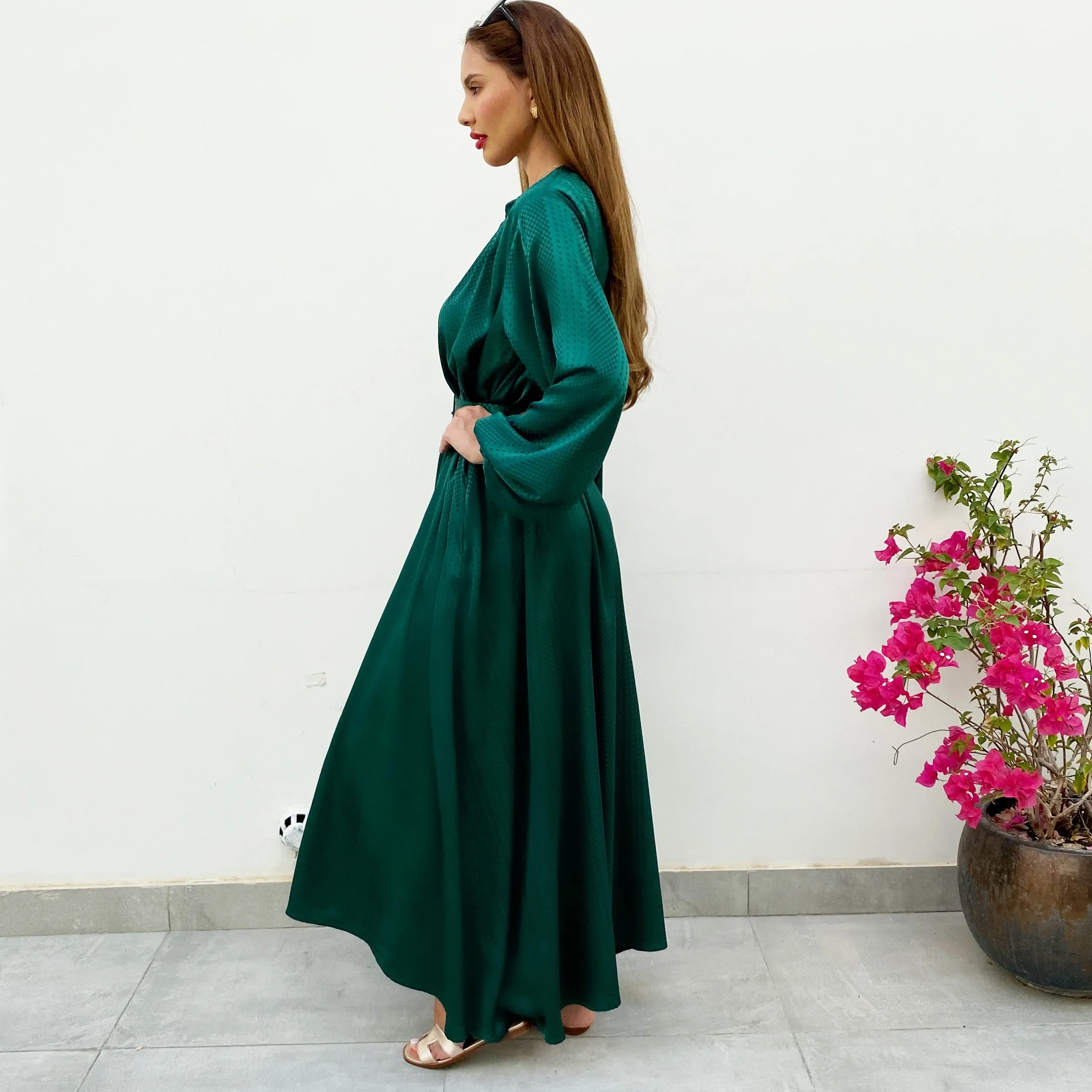 RAM21 LINA EMERALD GREEN KAFTAN BELTED MAXI DRESS