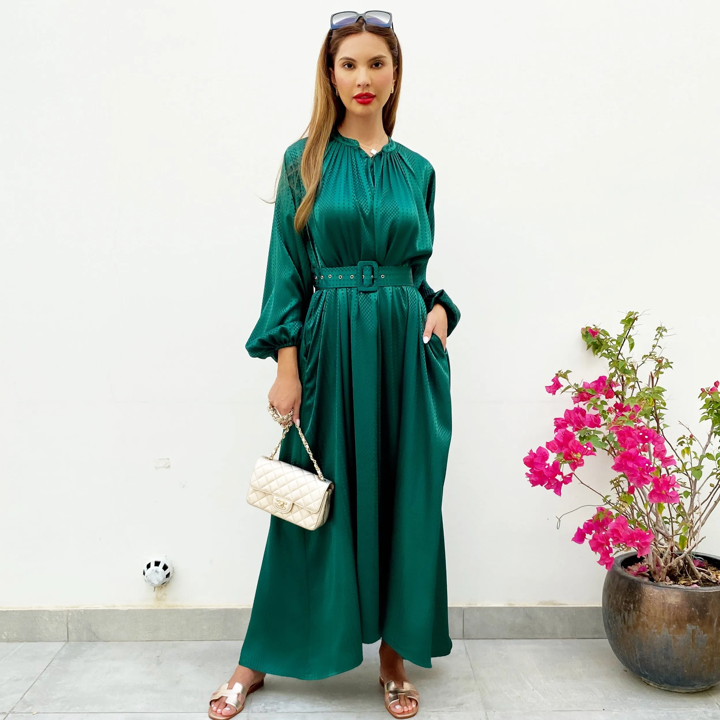 RAM21 LINA EMERALD GREEN KAFTAN BELTED MAXI DRESS