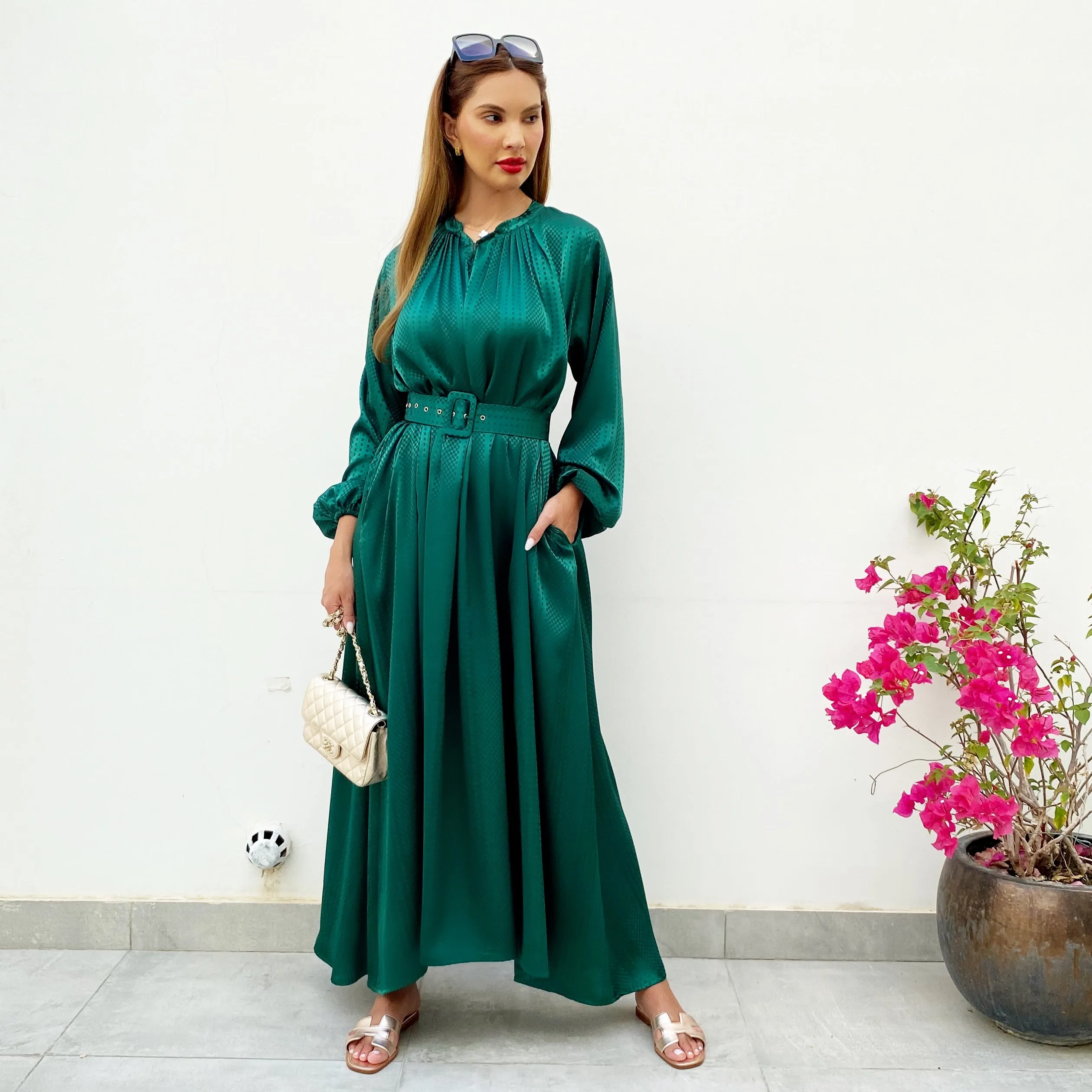 RAM21 LINA EMERALD GREEN KAFTAN BELTED MAXI DRESS