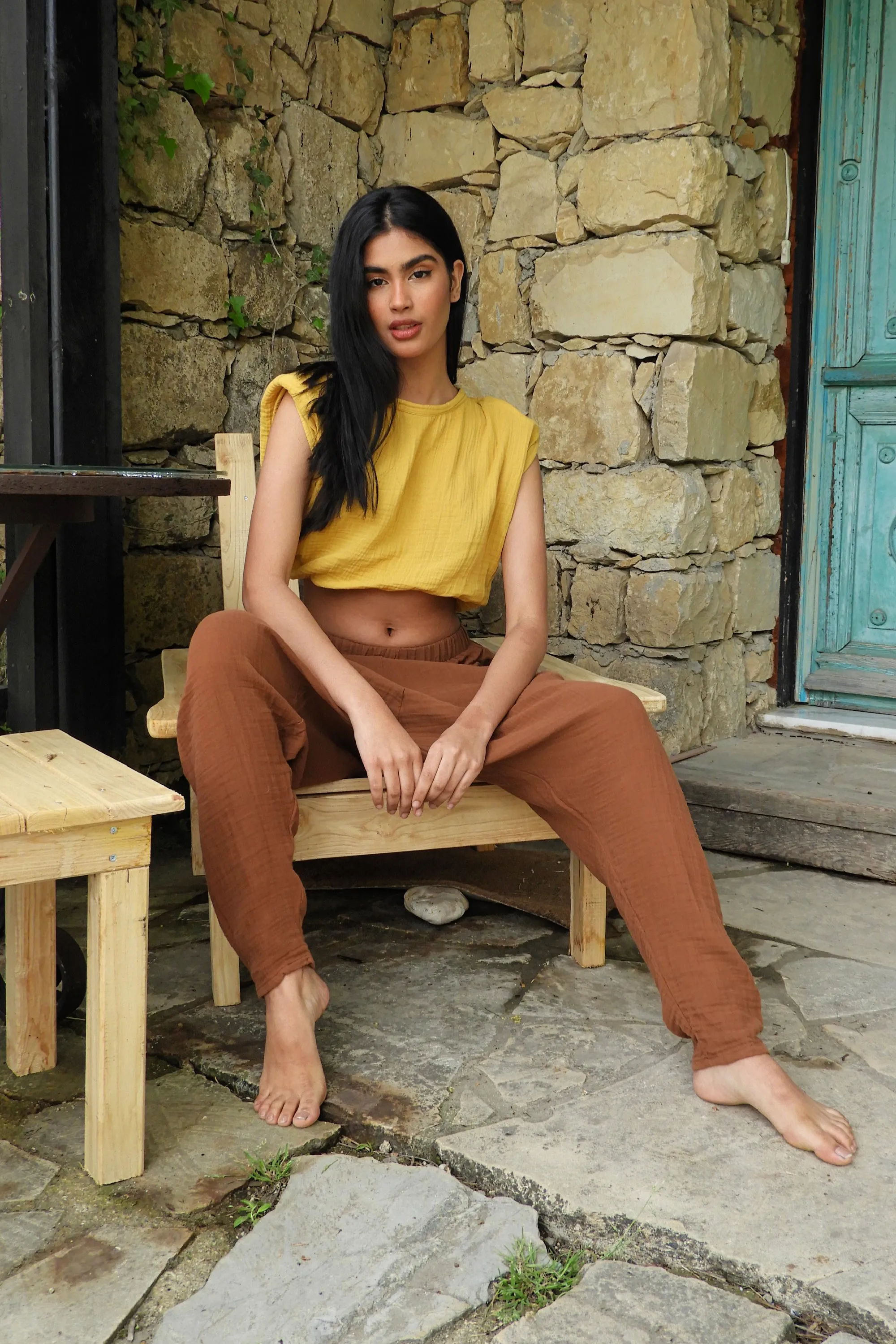 RELAX Women's Organic Gauze Cotton Harem Pants (Brown)