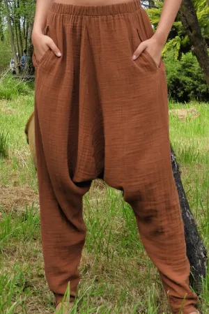 RELAX Women's Organic Gauze Cotton Harem Pants (Brown)