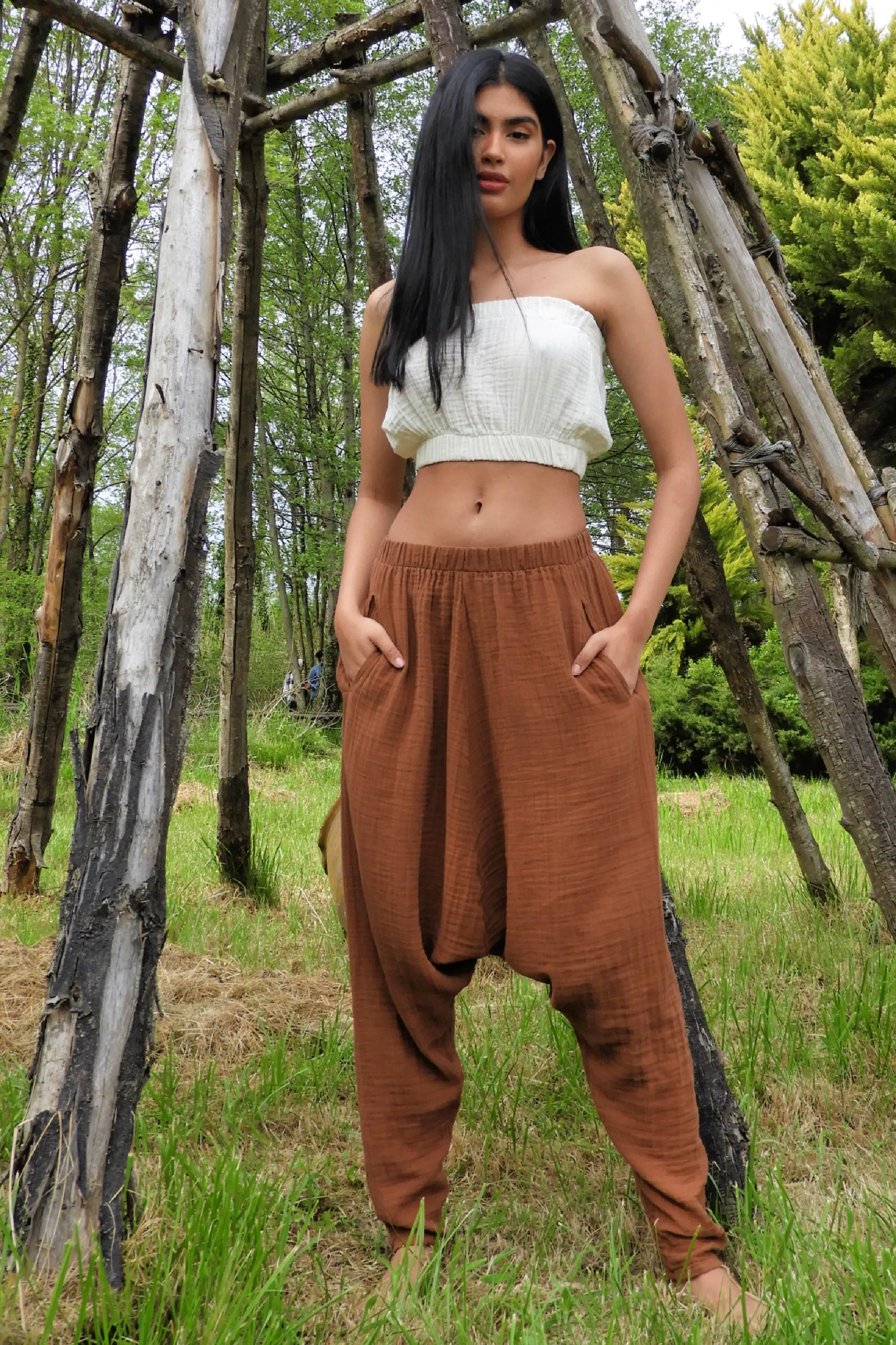 RELAX Women's Organic Gauze Cotton Harem Pants (Brown)