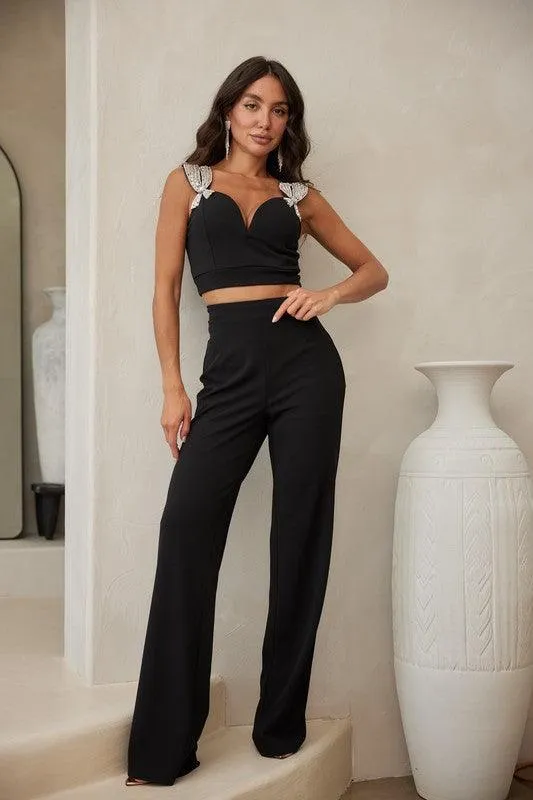 RHINESTONE CROP TOP WITH FLARE PANTS