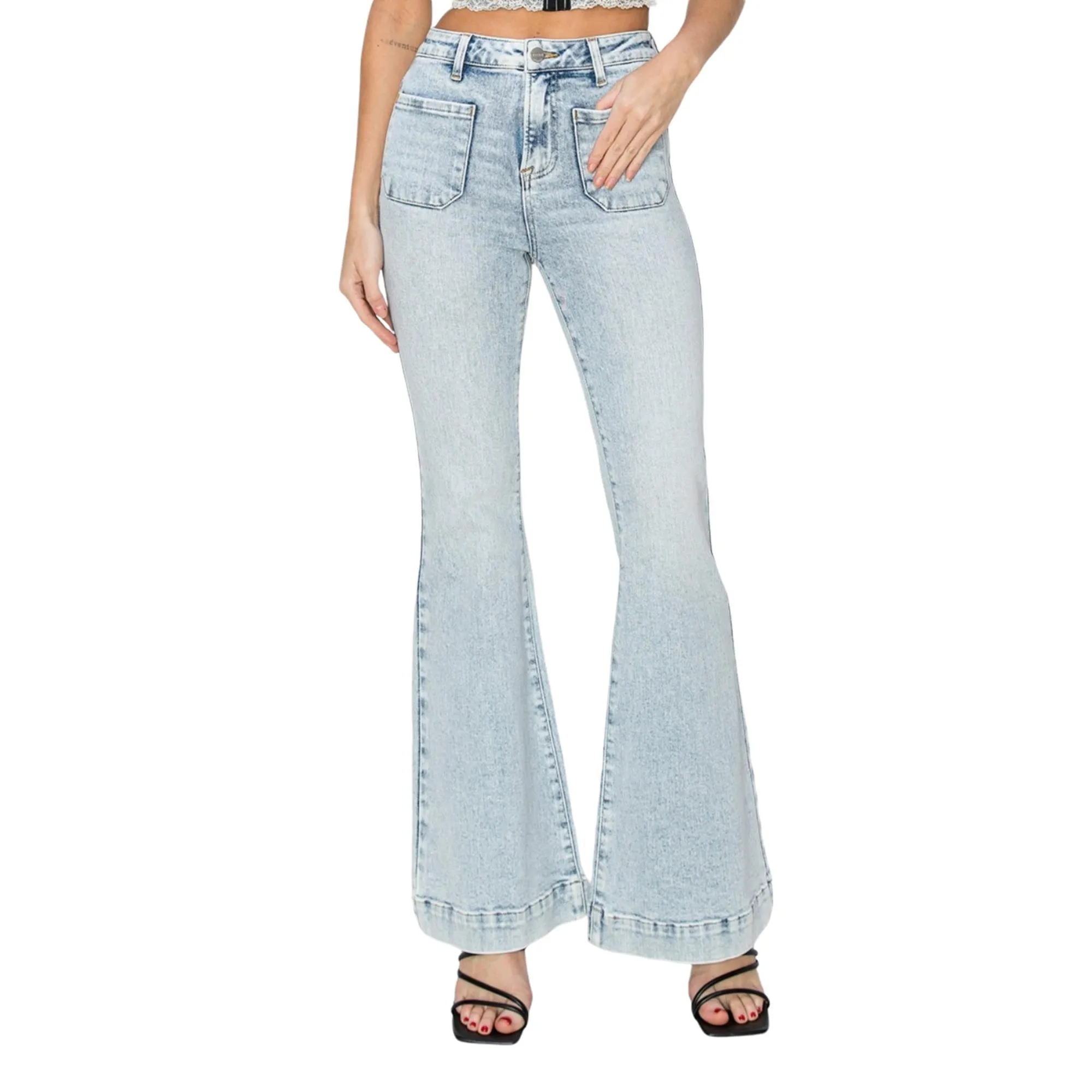Risen High Rise Front Patch Pocket Flare Jeans