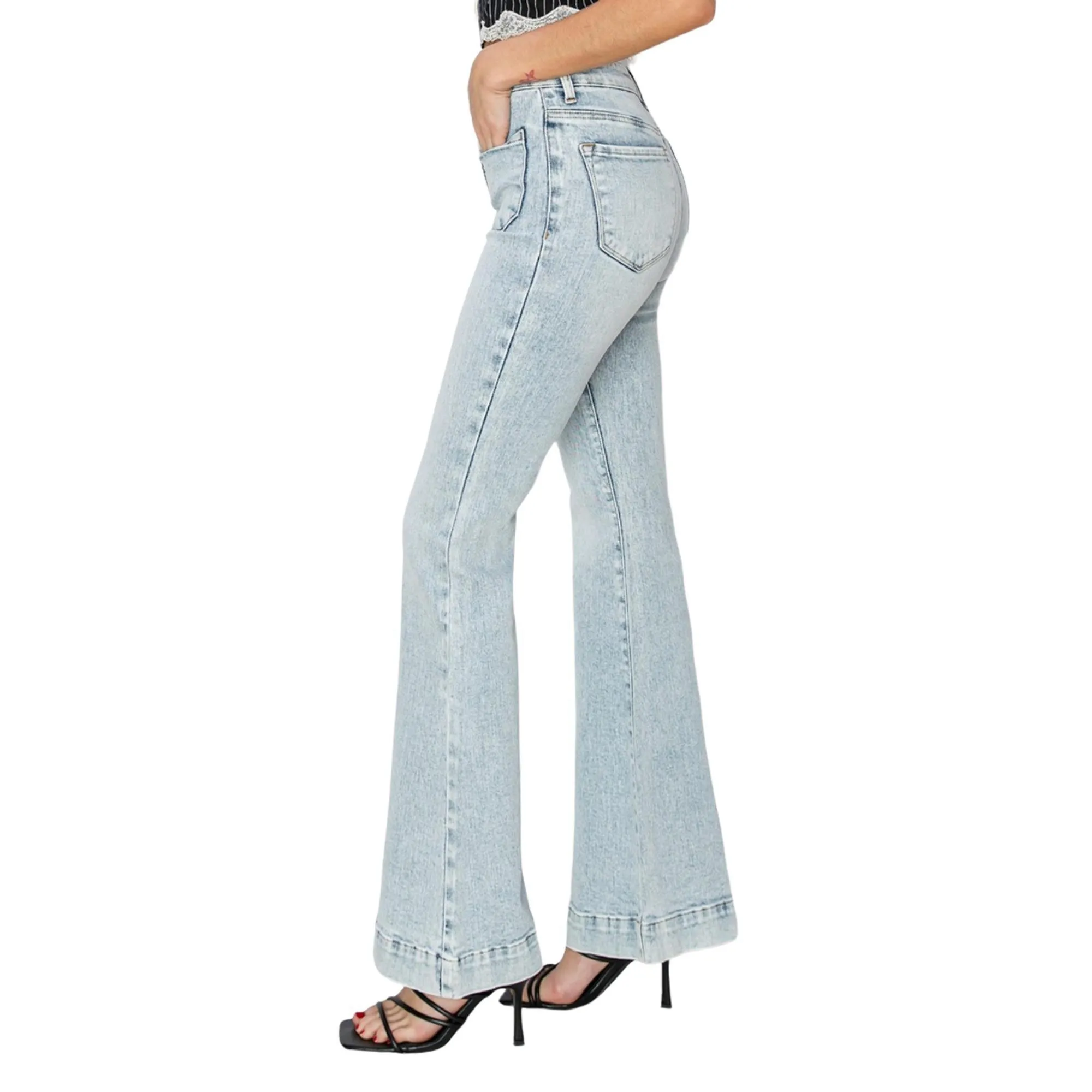 Risen High Rise Front Patch Pocket Flare Jeans