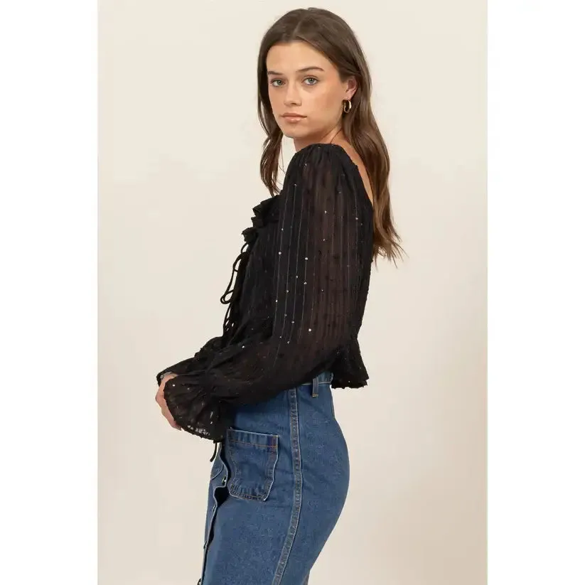 RUFFLE TRIM TIE-FRONT GLITTERED BLOUSE⁠