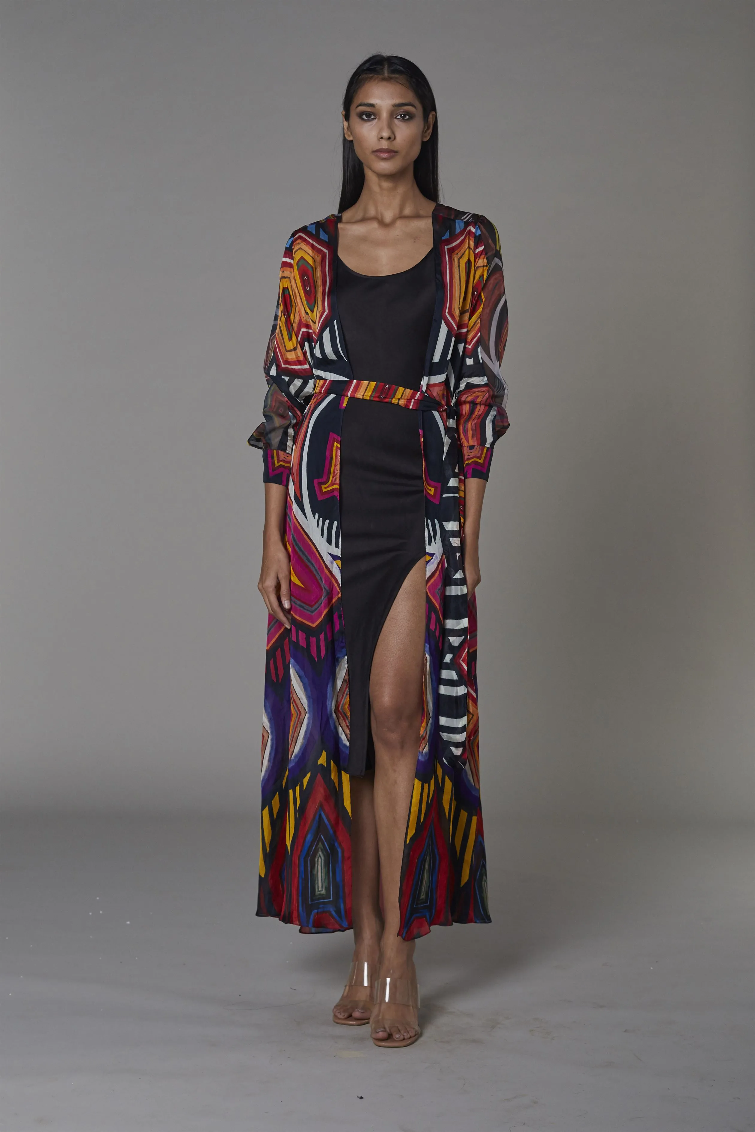 Saaksha & KinniÂ    I   Grey cutout drill jacket  Solid non print black slip dress Coat - Drill  Slip dress - Satin Coat - Grey / Black  Dress - Black SS22034  SS22099