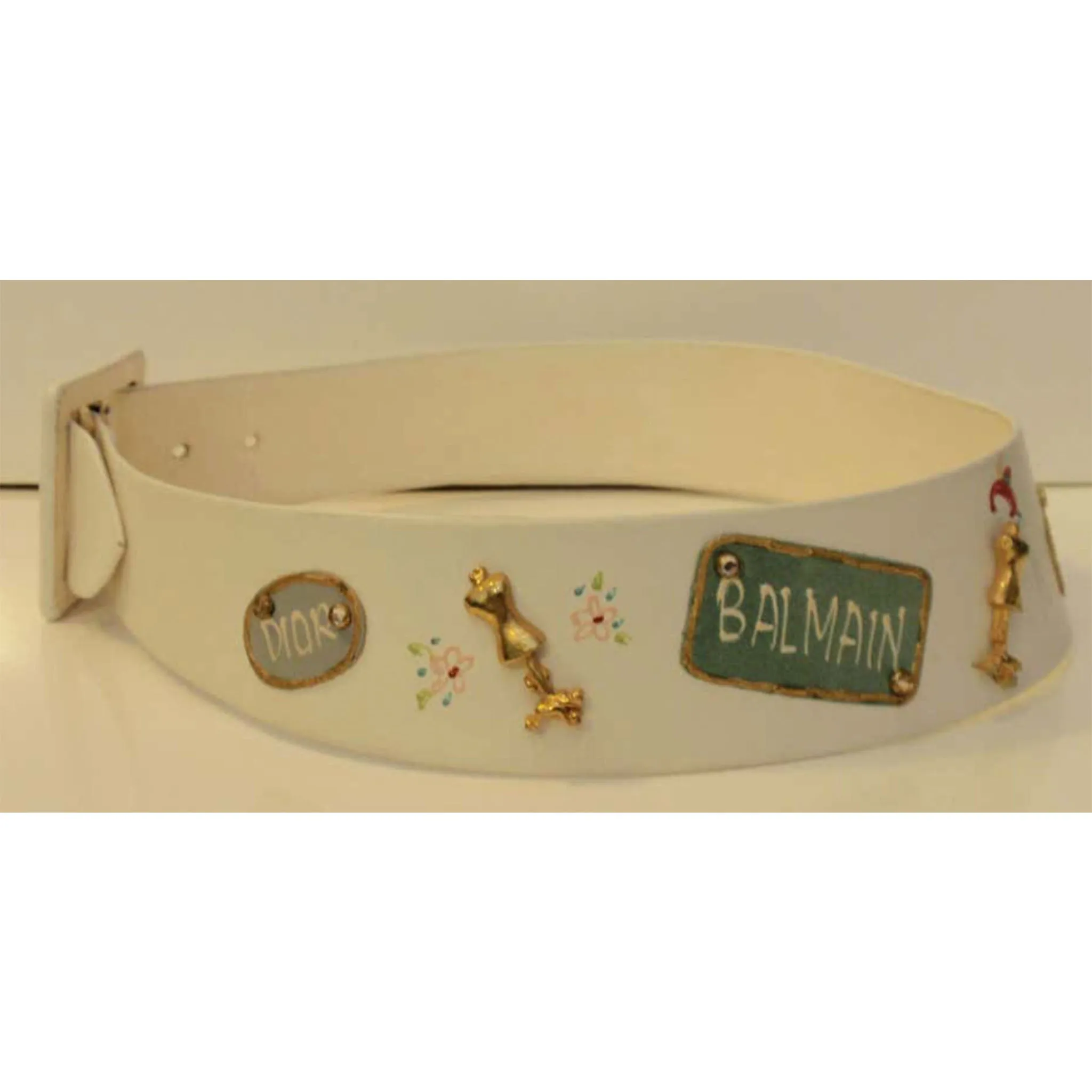 SAKS FIFTH AVE Novelty Belt, White Leather w/ Designer Lables