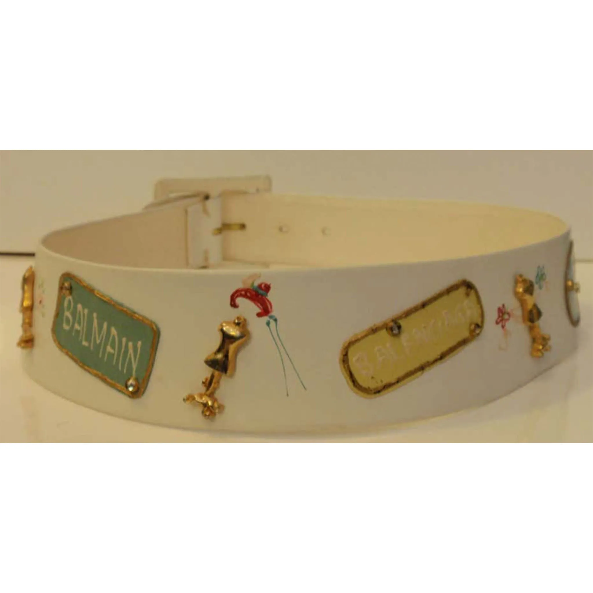 SAKS FIFTH AVE Novelty Belt, White Leather w/ Designer Lables