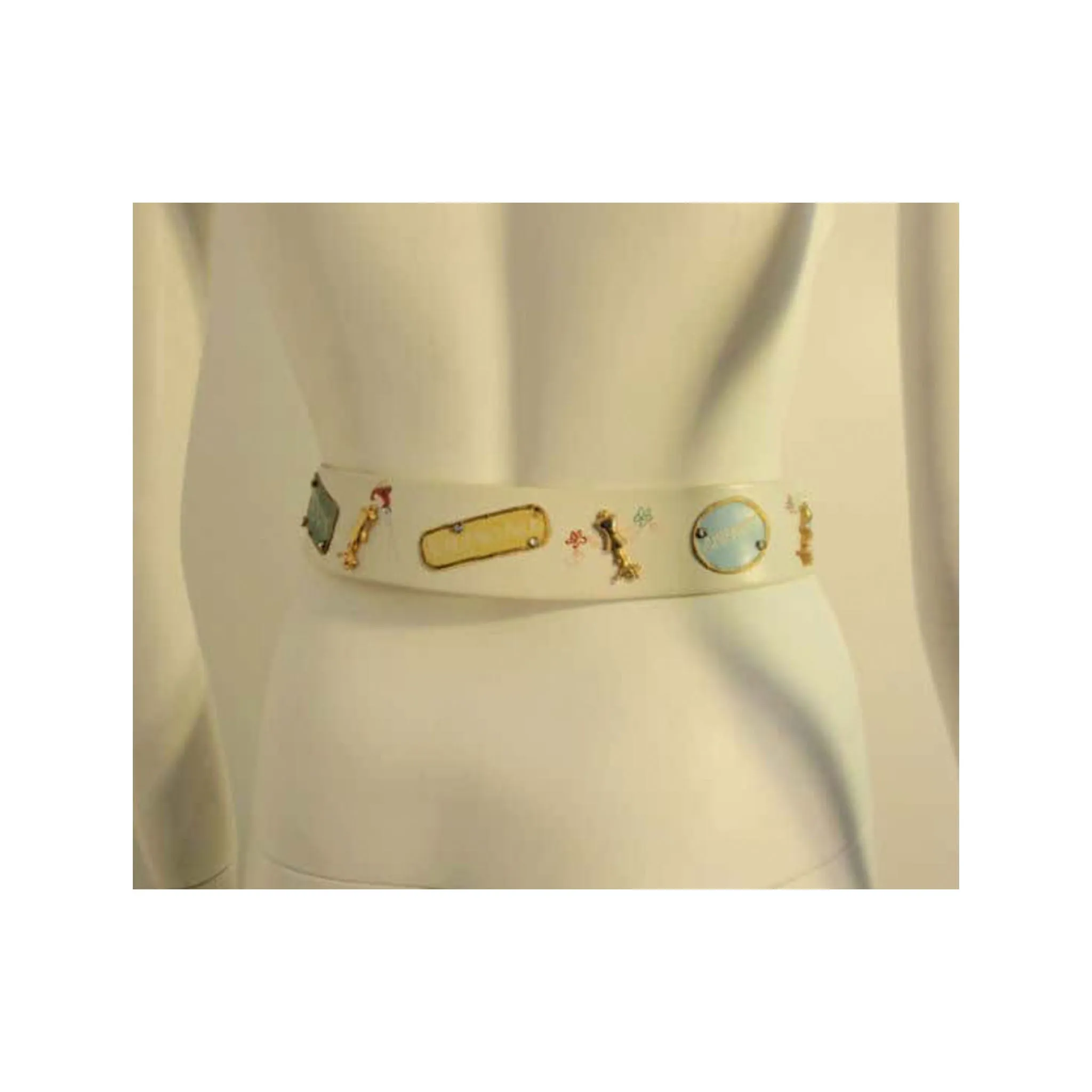SAKS FIFTH AVE Novelty Belt, White Leather w/ Designer Lables