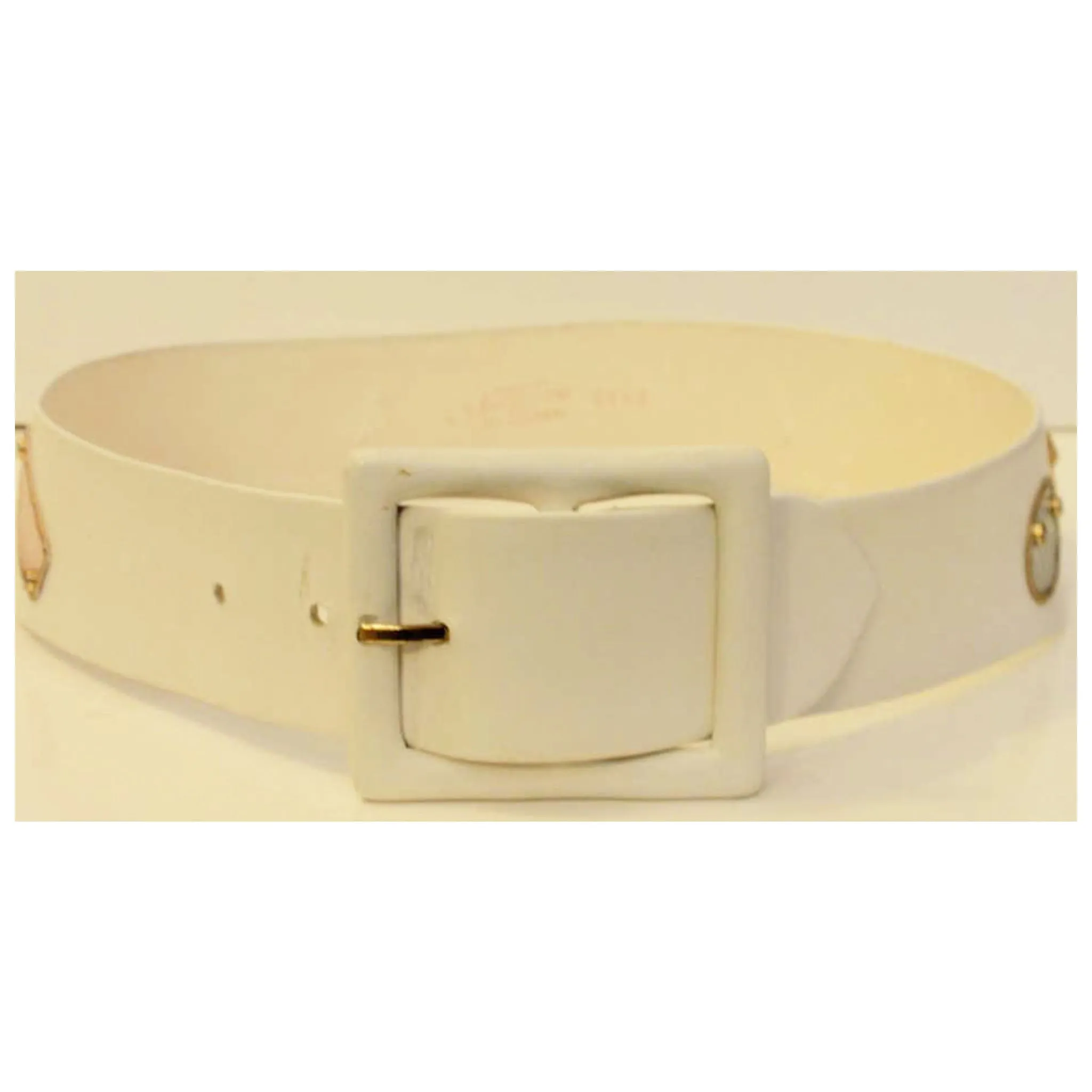 SAKS FIFTH AVE Novelty Belt, White Leather w/ Designer Lables