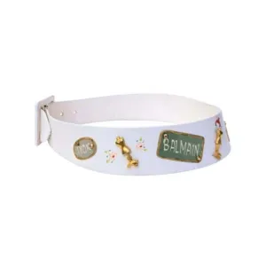 SAKS FIFTH AVE Novelty Belt, White Leather w/ Designer Lables