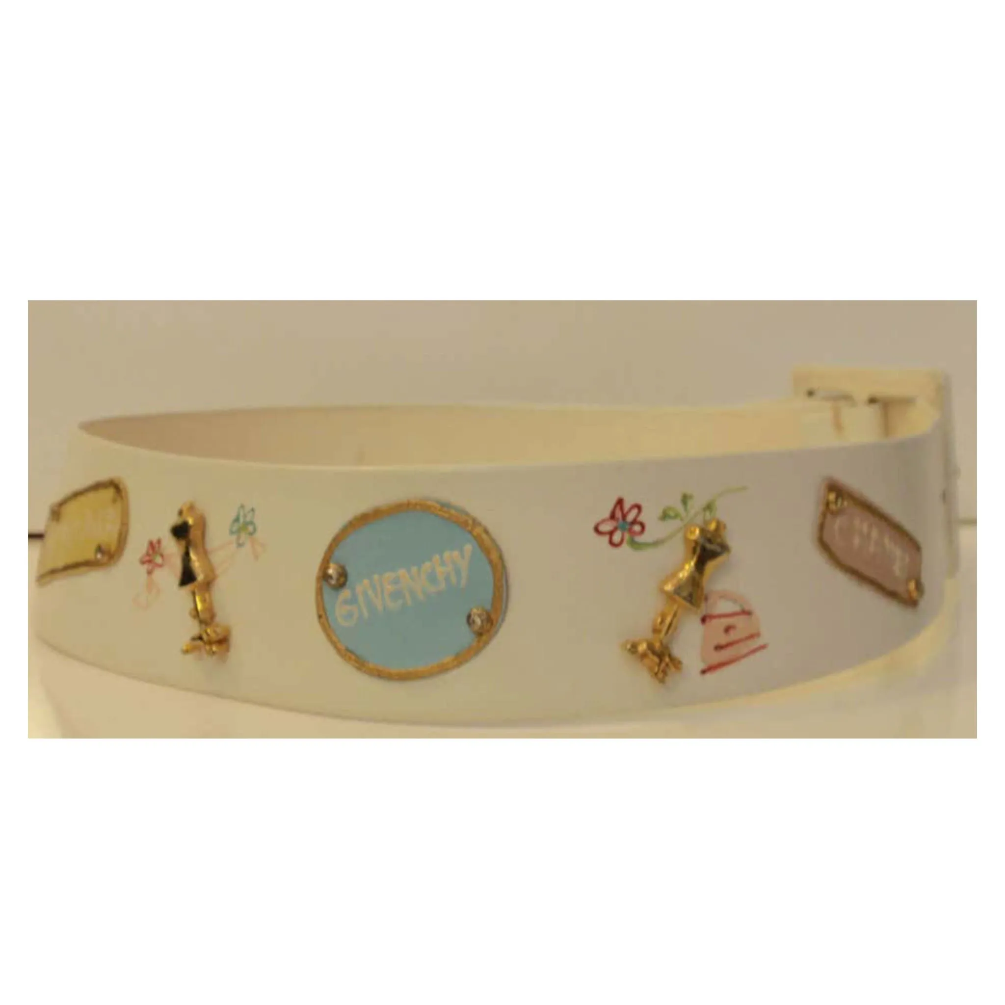 SAKS FIFTH AVE Novelty Belt, White Leather w/ Designer Lables