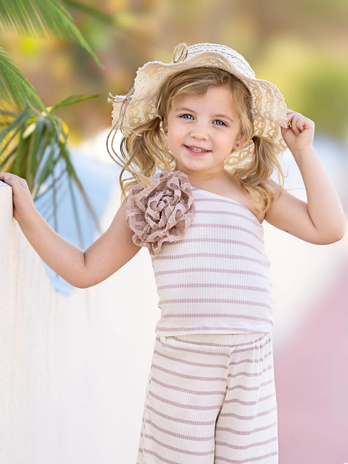 Sandy Stroll Striped One-Shoulder Top and Palazzo Pants Set