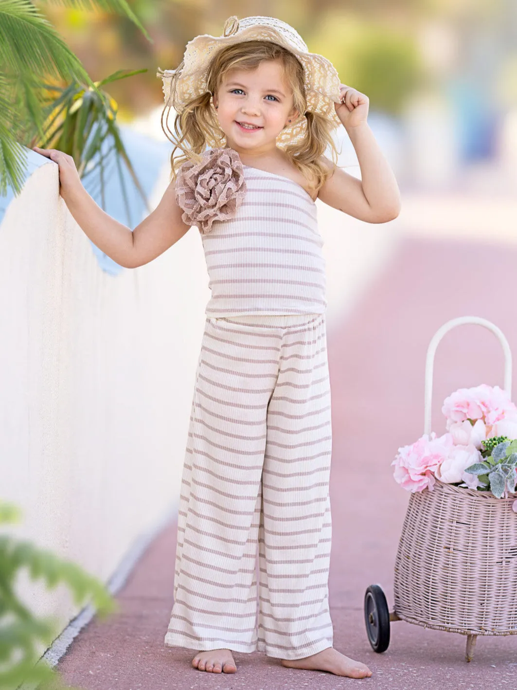 Sandy Stroll Striped One-Shoulder Top and Palazzo Pants Set