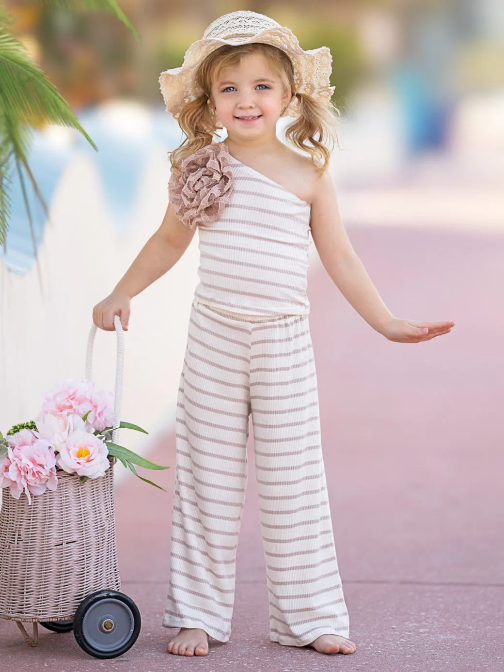 Sandy Stroll Striped One-Shoulder Top and Palazzo Pants Set
