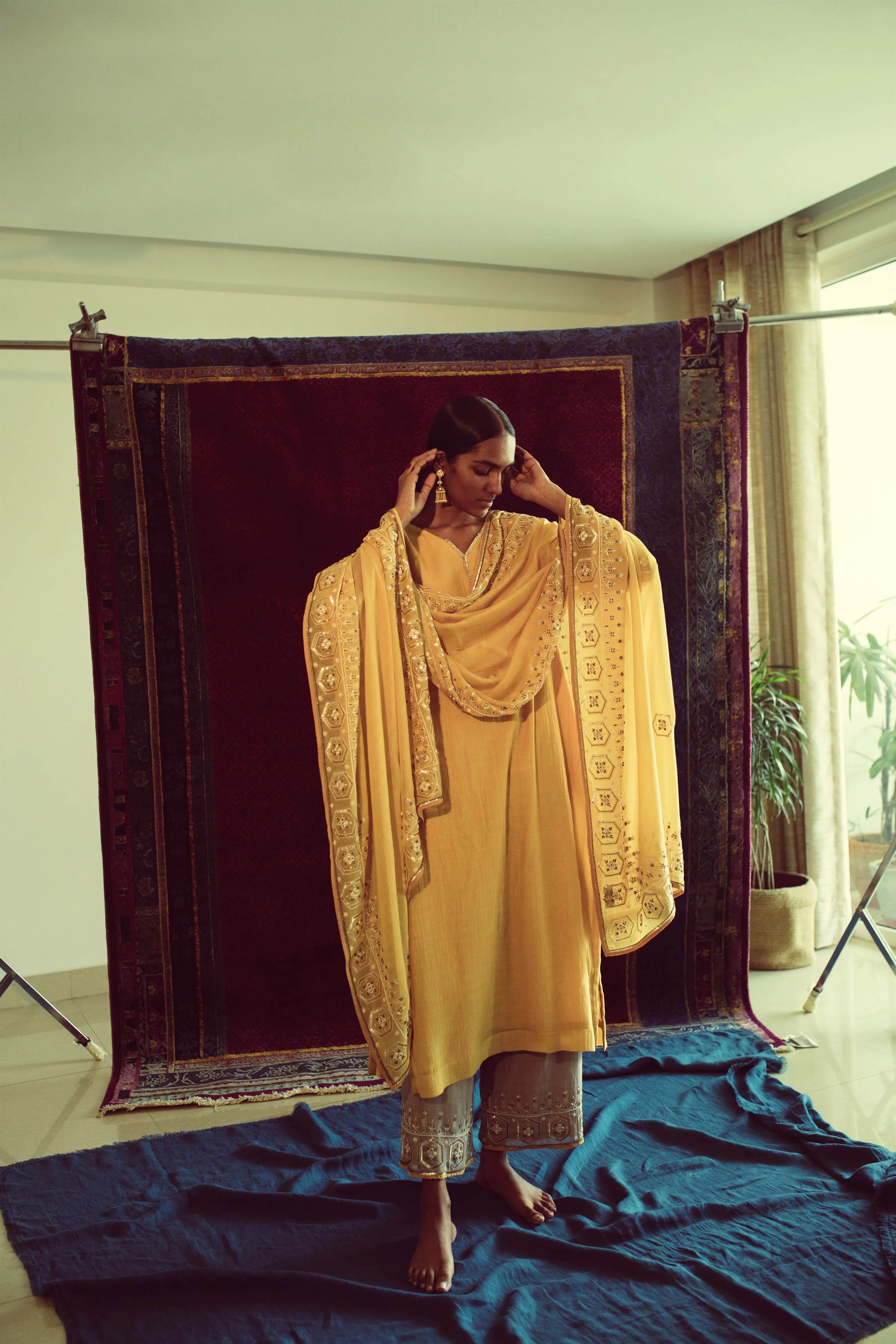 Sarang Kaur Bedford Park Mango and Grey Jaipuri Kurta Set Kurta Chanderi silk Pants Cotton silk Chandni SK01291