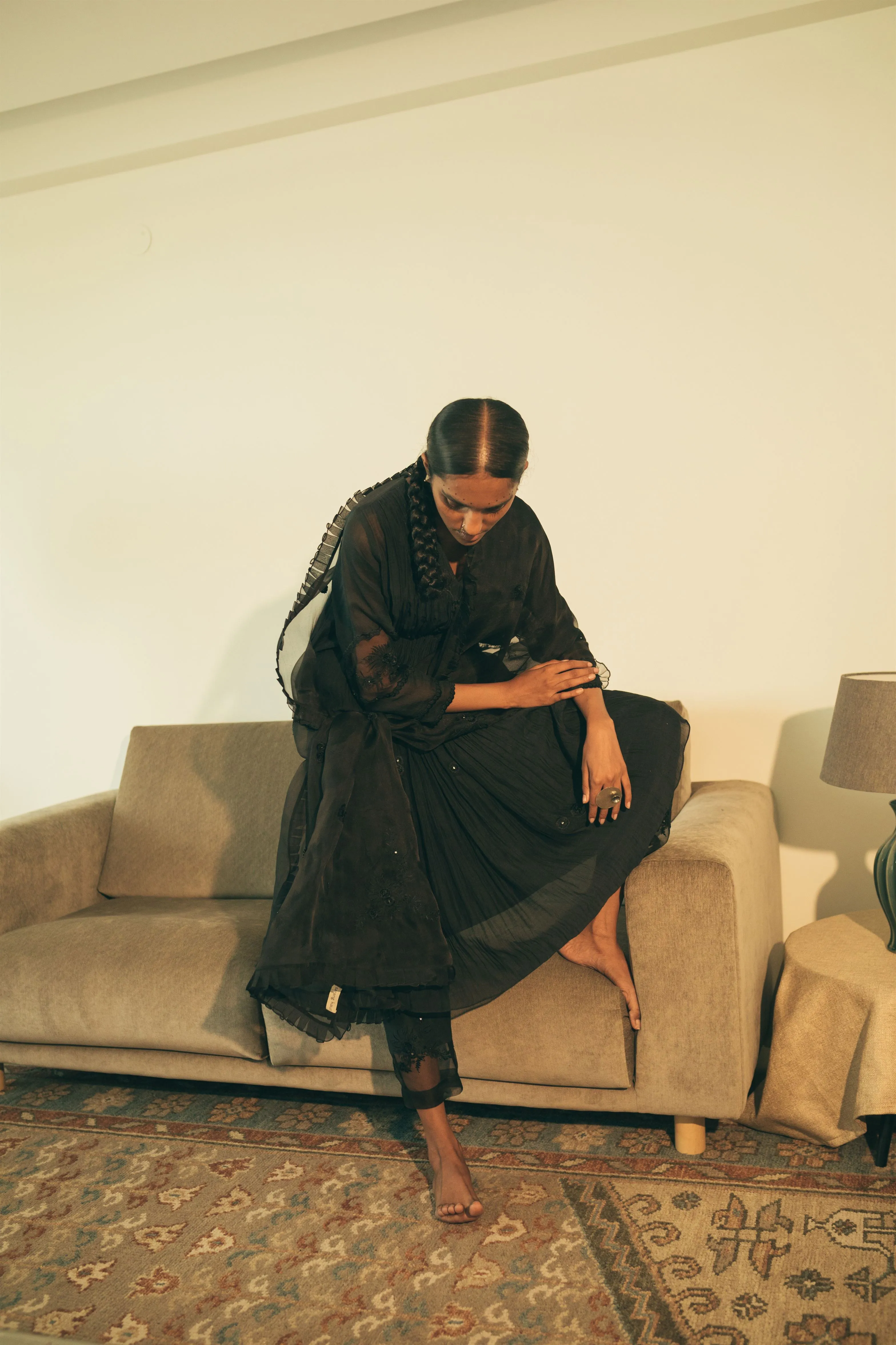Sarang Kaur Eaton Center Black Kaftaan Set Kurta Chanderi silk Pants Cotton silk Ektaar SK01288