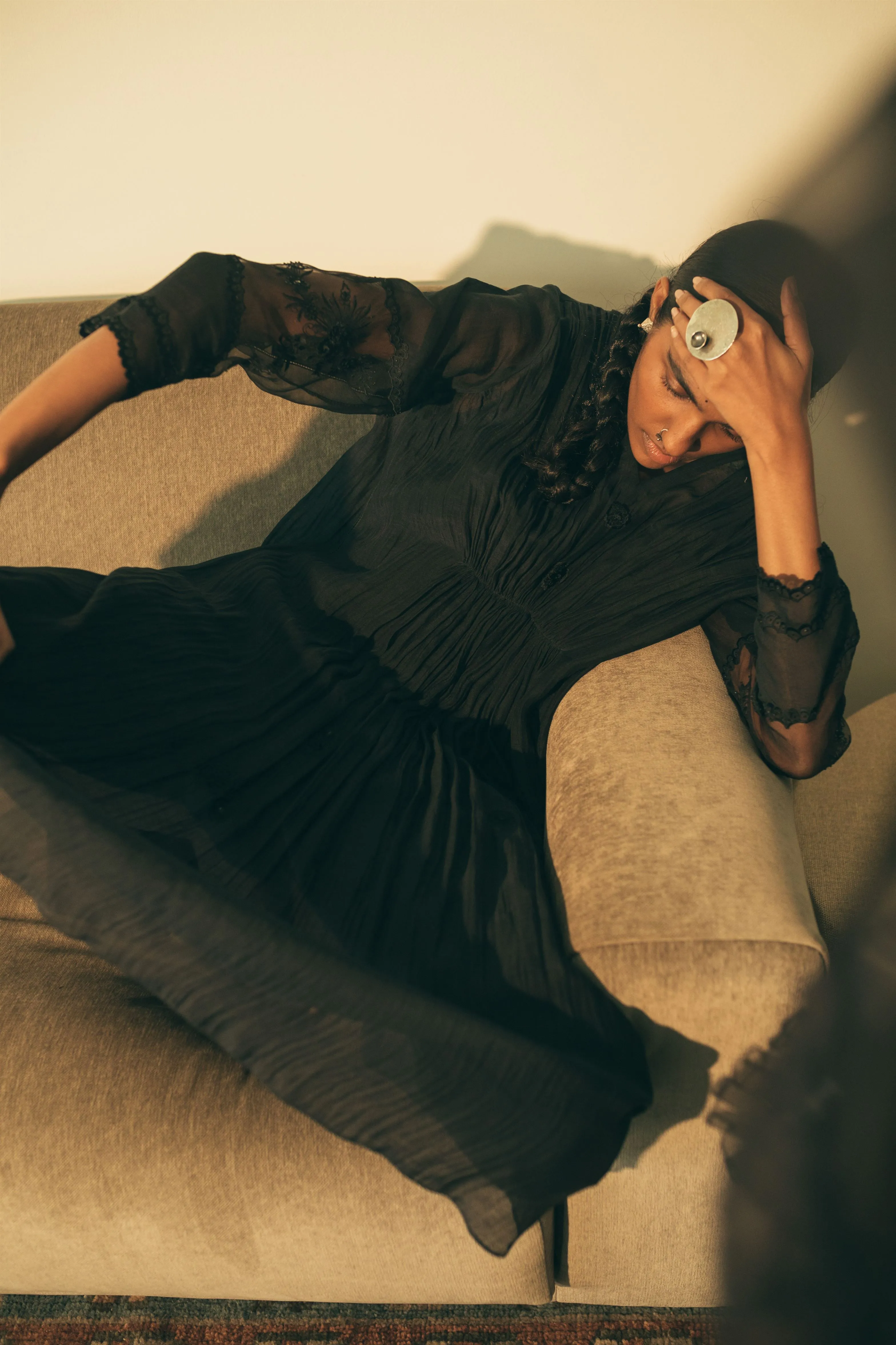 Sarang Kaur Eaton Center Black Kaftaan Set Kurta Chanderi silk Pants Cotton silk Ektaar SK01288
