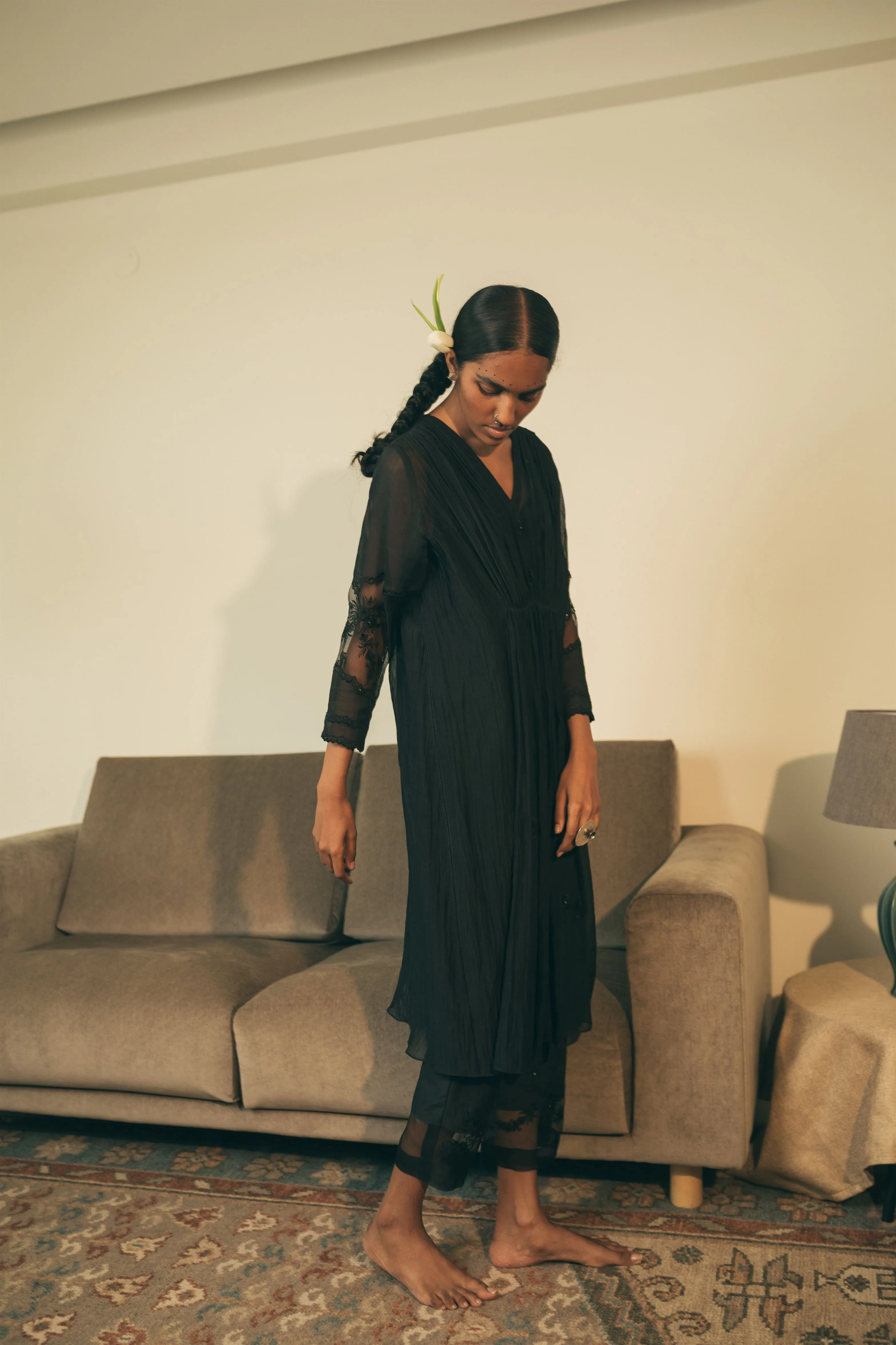 Sarang Kaur Eaton Center Black Kaftaan Set Kurta Chanderi silk Pants Cotton silk Ektaar SK01288