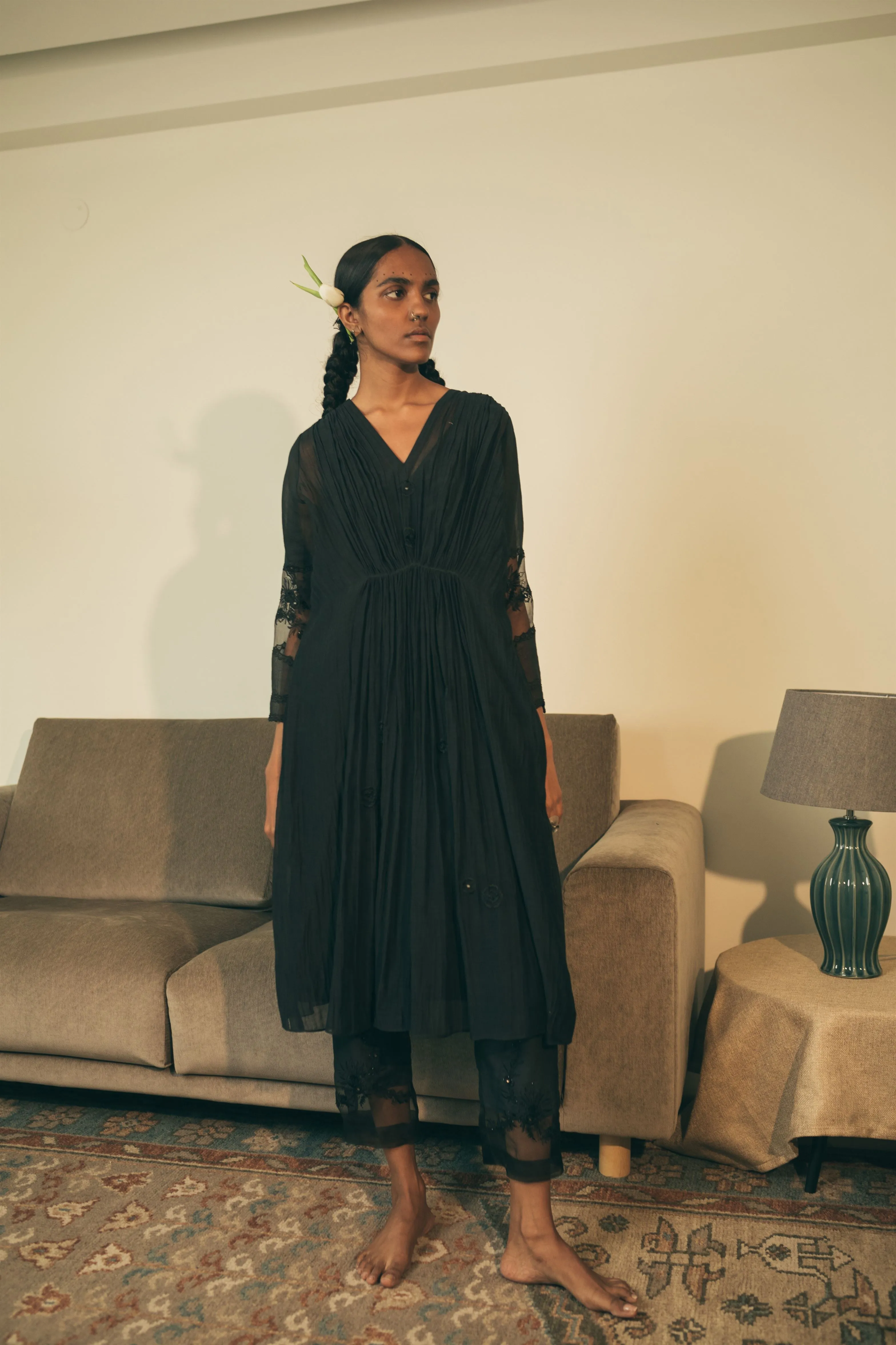 Sarang Kaur Eaton Center Black Kaftaan Set Kurta Chanderi silk Pants Cotton silk Ektaar SK01288