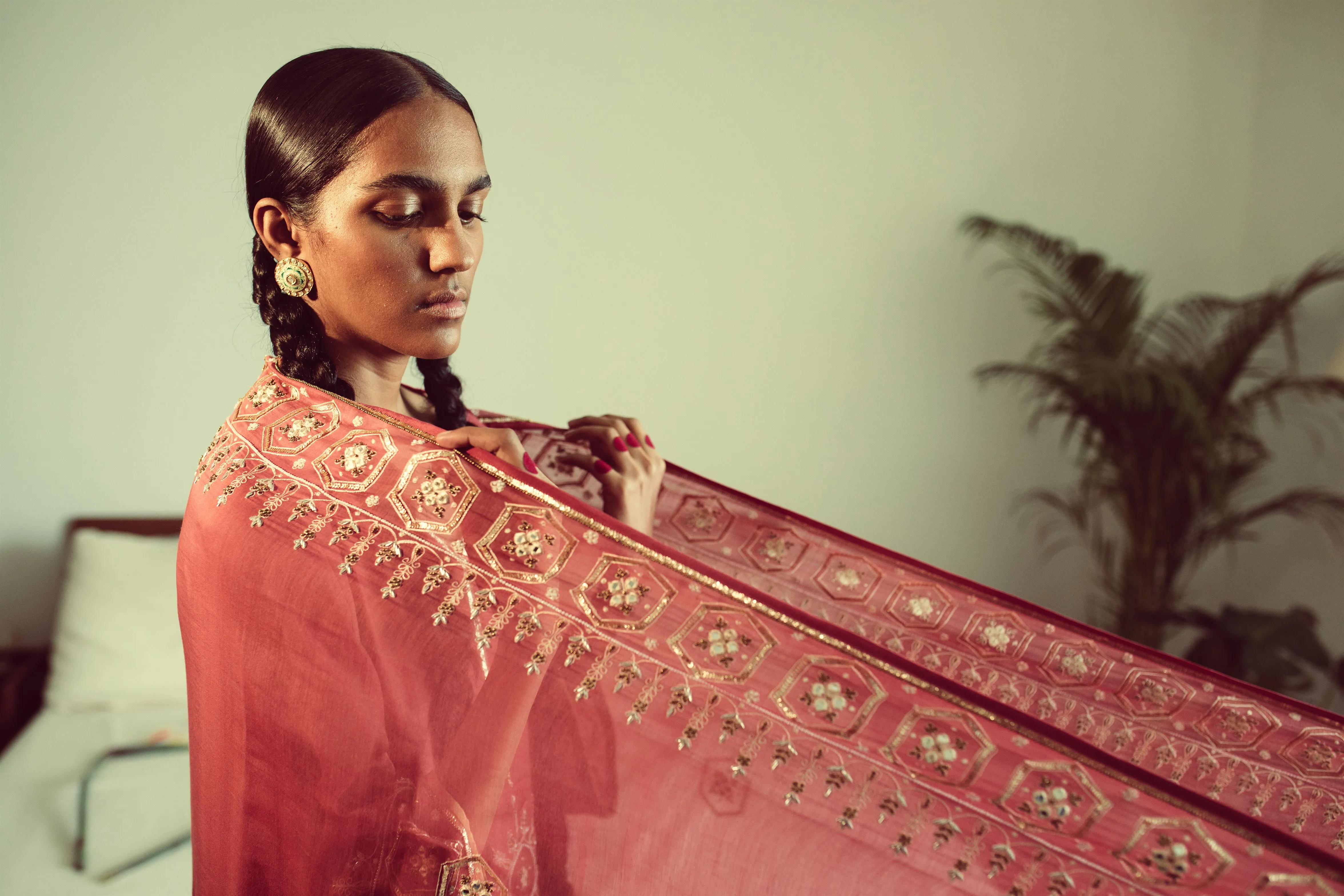 Sarang Kaur Lytton Park Watermelon Jaipuri Dupatta Chanderi silk Chandni SK01313