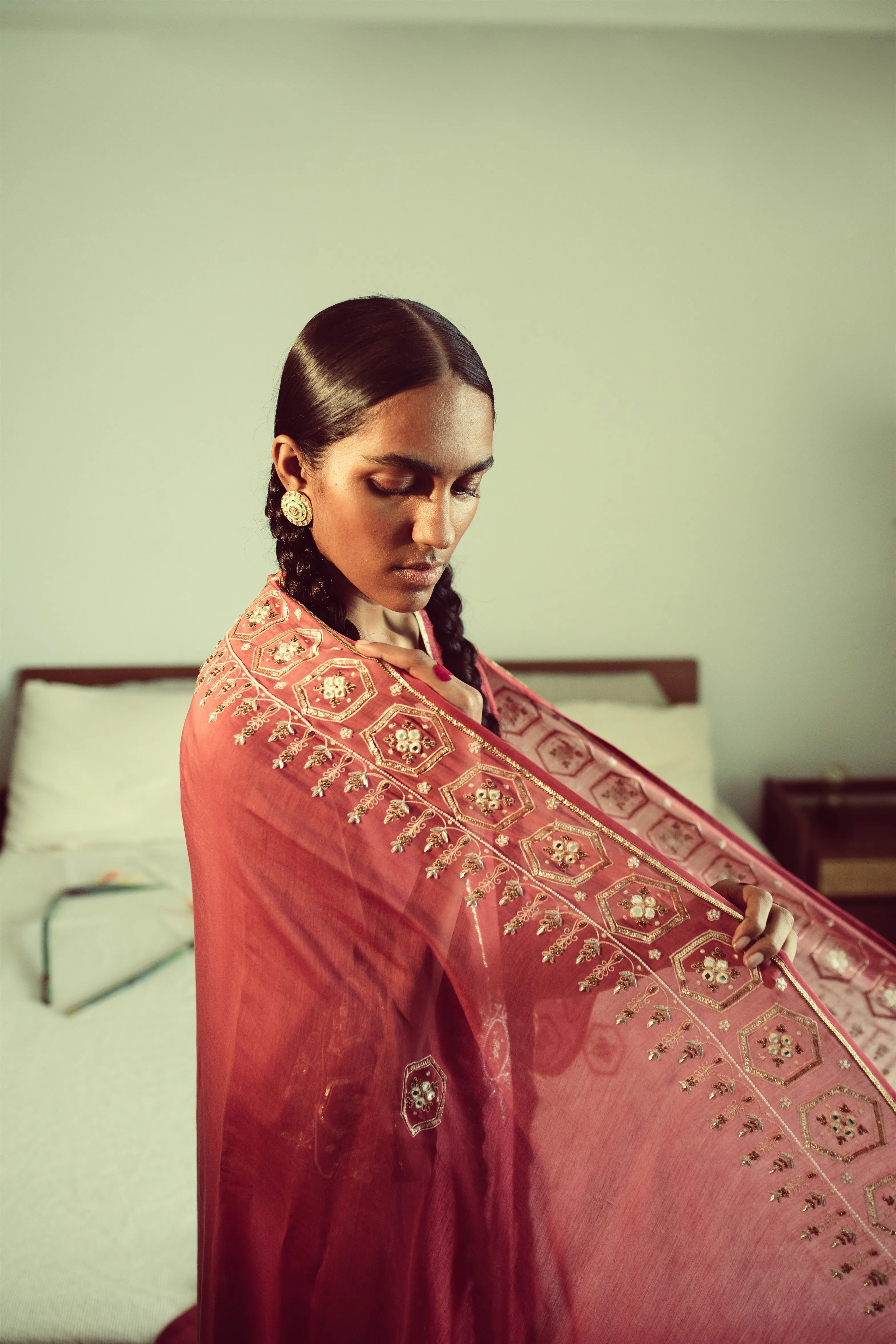 Sarang Kaur Lytton Park Watermelon Jaipuri Dupatta Chanderi silk Chandni SK01313